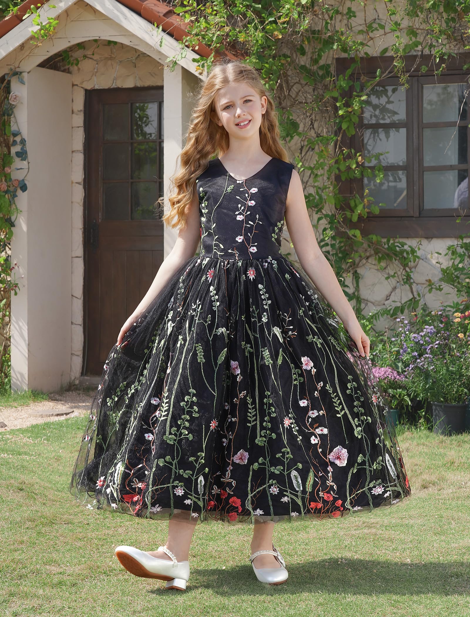 Mädchen Mesh Blume besticktes Kleid Illusion Tüll Mesh Stickerei Kleid für Mädchen Blumenmädchen Kleider für Hochzeit Geburtstag