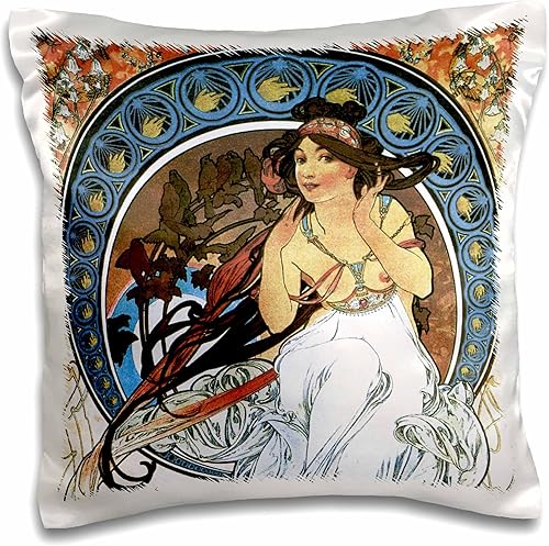 3dRose Mucha - Muse of Music - Funda de almohada, 16 x 16 pulgadas (pc_171470_1)