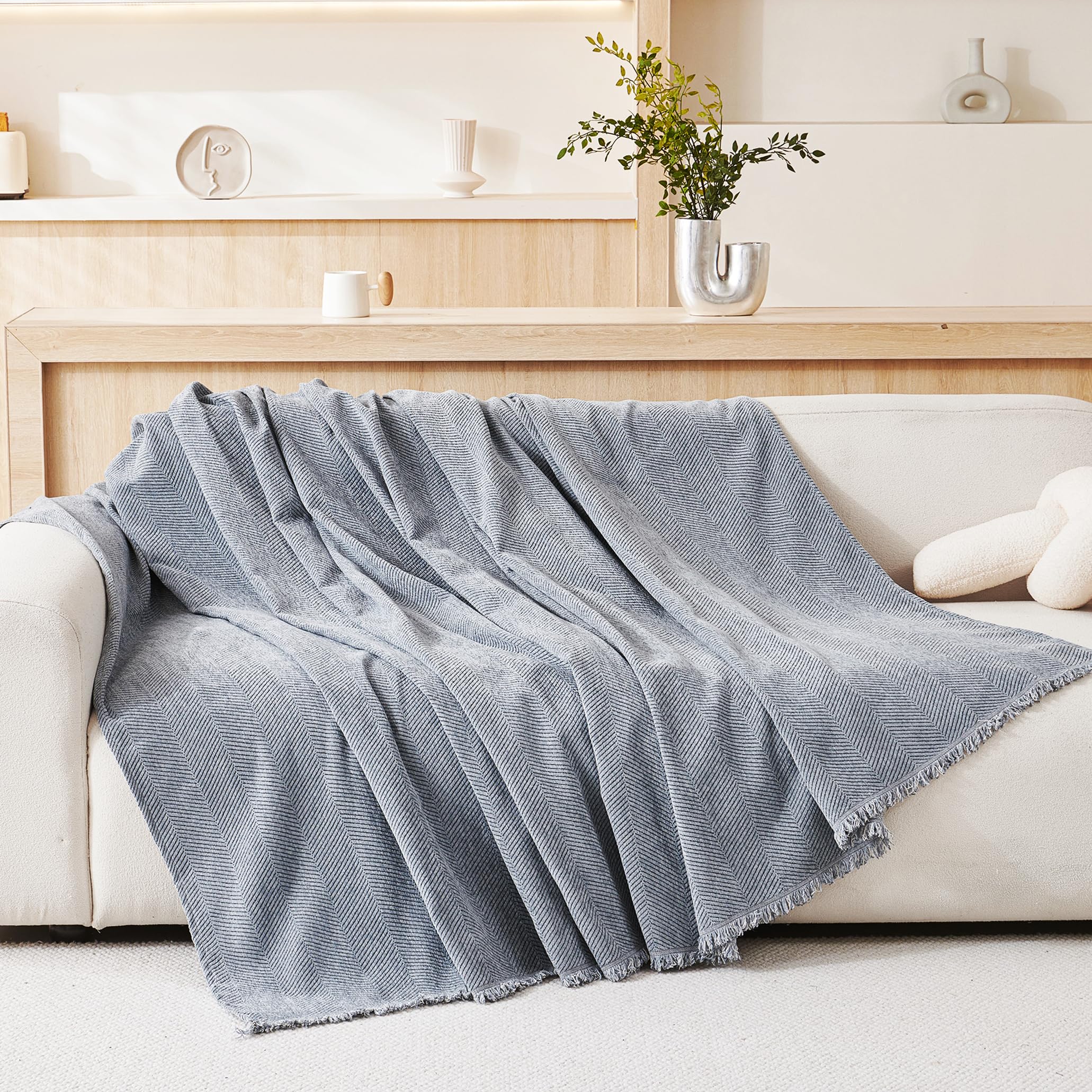 VANJOROY 100% Chenille Natural Sofa Large Throw Blanket For Single Seater-Throws for Armchair, Luxury Soft Throw for Chair Couch and Bed, Blue-130 x 180cm โ image 1