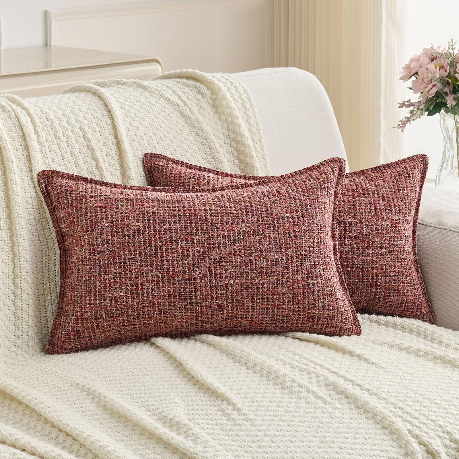 FUTEI Set of 2 Soft Tweed Chenille 30x50 cm Cushion Covers Farmhouse Micro-Check Textured Scatter Pillowcase 30 x 50 cm Vintage Accent for Sofa Bed Living Room, Burgundy