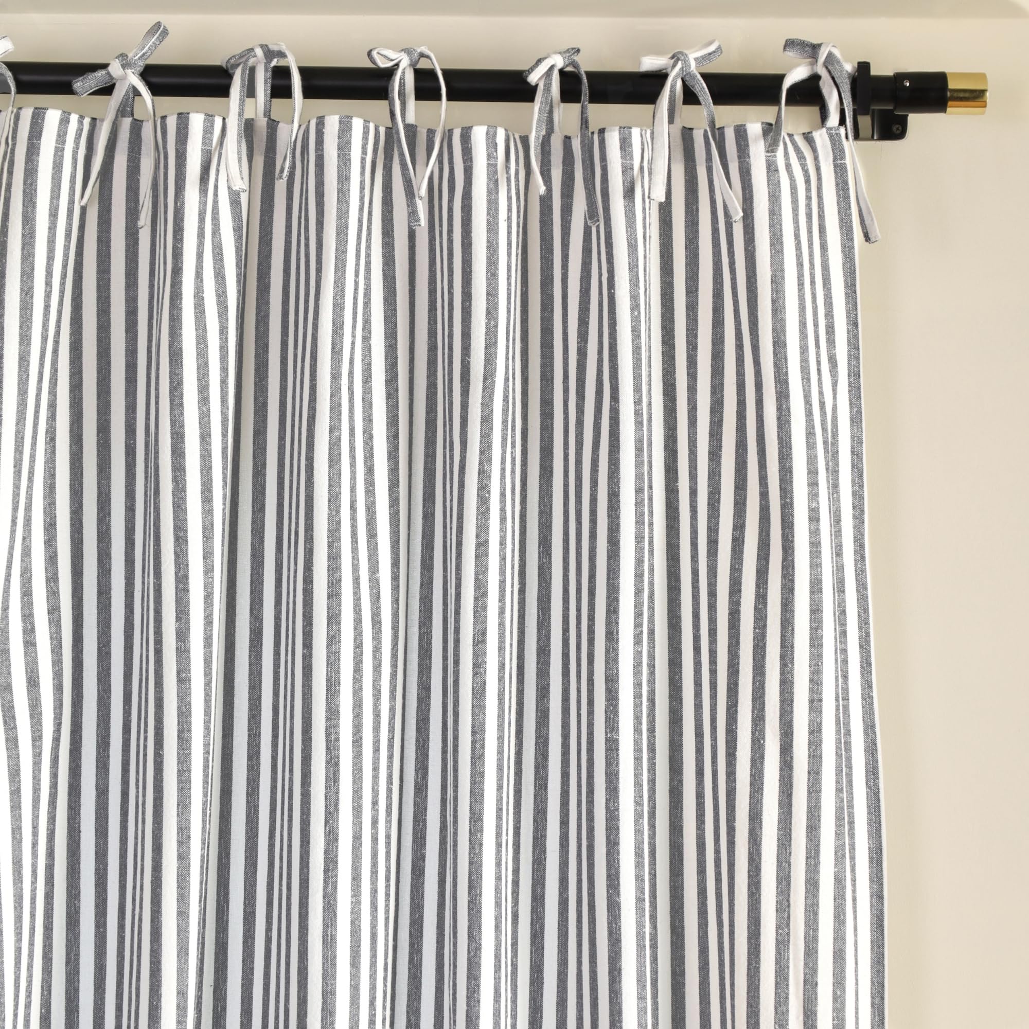 Gauze Ticking Striped Curtains, Boho Linen Gauze Tie Top Hanging Light Filtering Pinstripe Cafe Curtains 2 Panel Curtain Drapes for Living Room Home Décor Grey on White (90"x42" Each Panel)