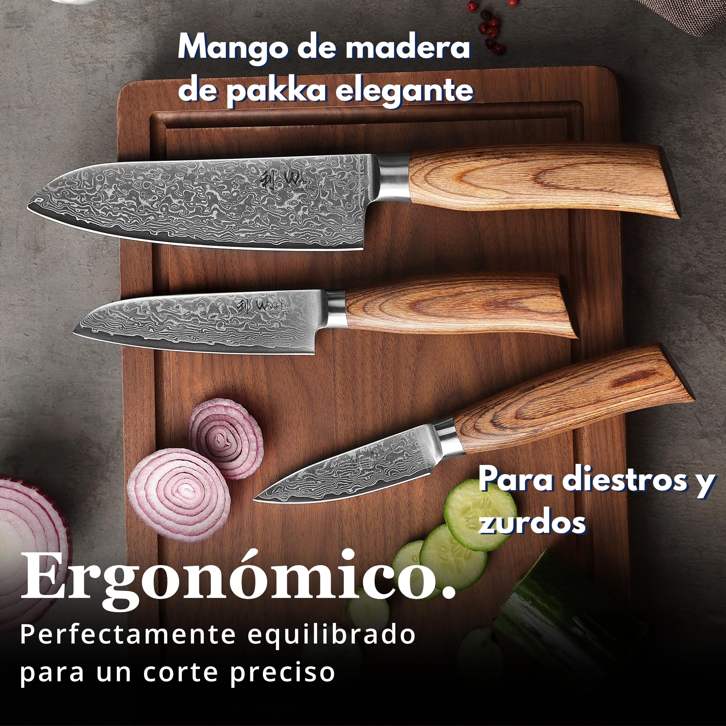 WAKOLI EDIB Pro juego de 3 cuchillos de cocina de acero de damasco de 67 capas con núcleo VG10, 2 cuchillos Santoku y 1 puntilla, mangos ergonómicos de madera Pakka, caja de regalo de madera