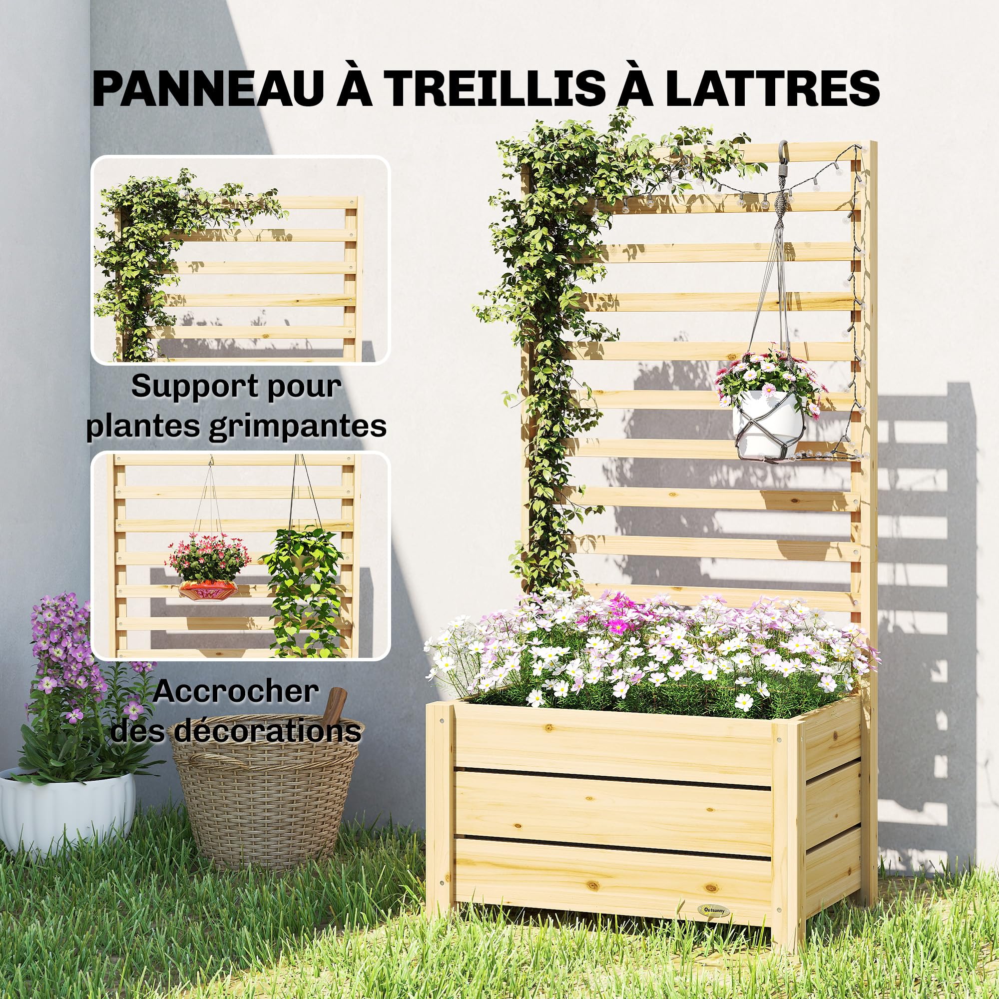 Outsunny Jardinière avec Treillis Drainage 60 x 39 x 120 cm Bois Naturel | Bac à Fleurs, Lit Surélevé avec Brise-Vue, Doublure Intérieure, pour Plantes Grimpantes, Légumes, Fleurs