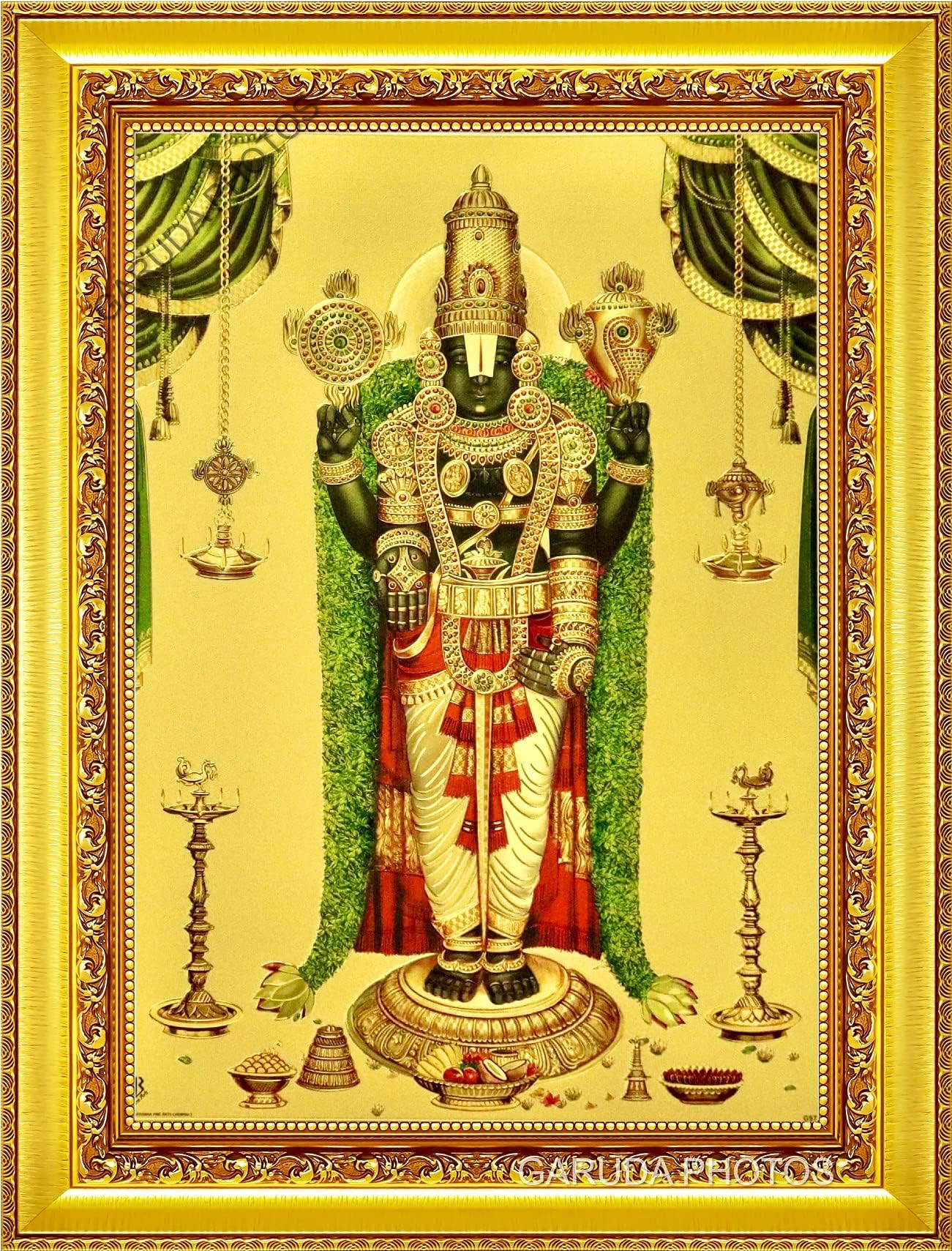 Garuda Photos - GOLD FOIL Lord God Tirupati Balaji Photo with Frame ; Thirupathi Perumal photo for pooja room ; Sri Venkateshwara Venkateswara Swamy Swami Tripathi photos Frames (Small (9x7 Inch))