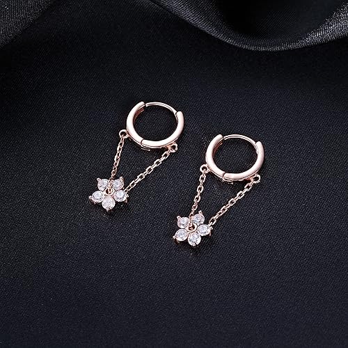 Miniatura 4 de Reffeer 925 Sterling Silver Flower Chain Drop Earrings Hoop for Women Teens Huggie Hoop Dangle Earrings Chain