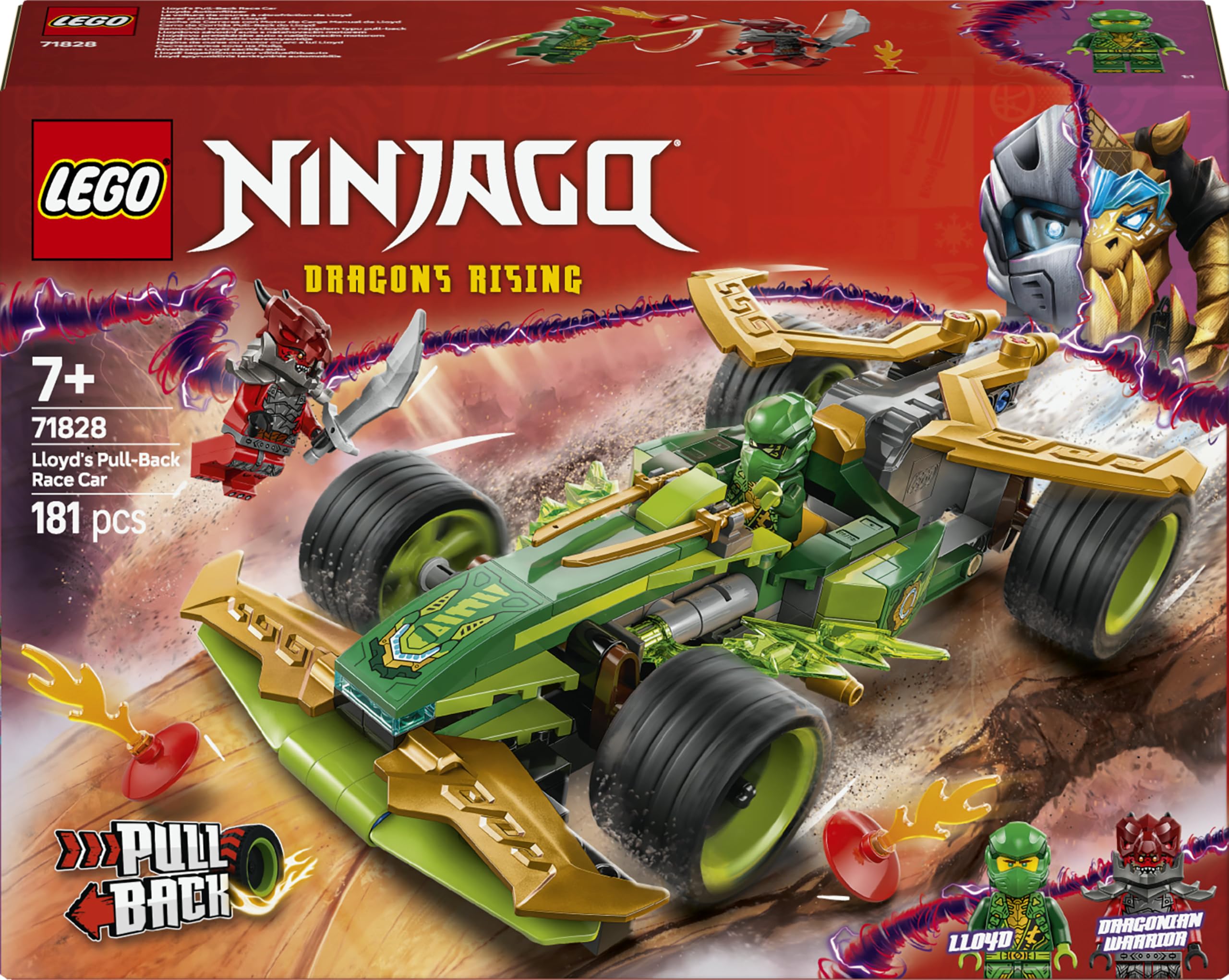 LEGO NINJAGO Lloyd’s Pull-Back Race Car Toy with 2 Minifigures for Imaginative Play - Dragons Rising Ninja Set - Gift for 7 Plus year Old Boys & Girls 71828
