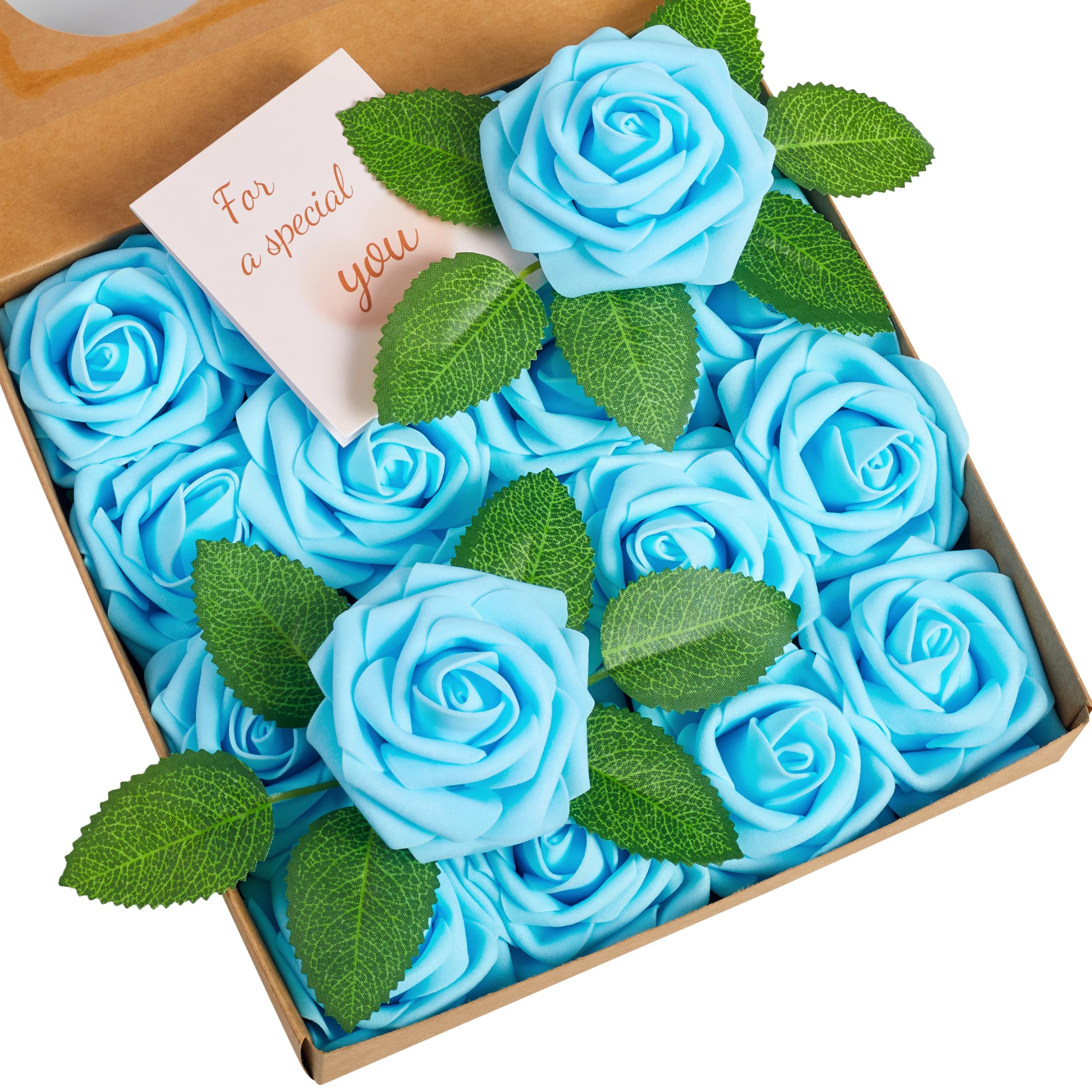 XIANNVXI Blue Roses Artificial Flowers with Stems,Realistic Fake Foam Roses,Faux Blue Flowers for Beach Wedding Bridesmaid Bridal Bouquet Baby Shower Coastal Room Decor for DIY 16Pcs