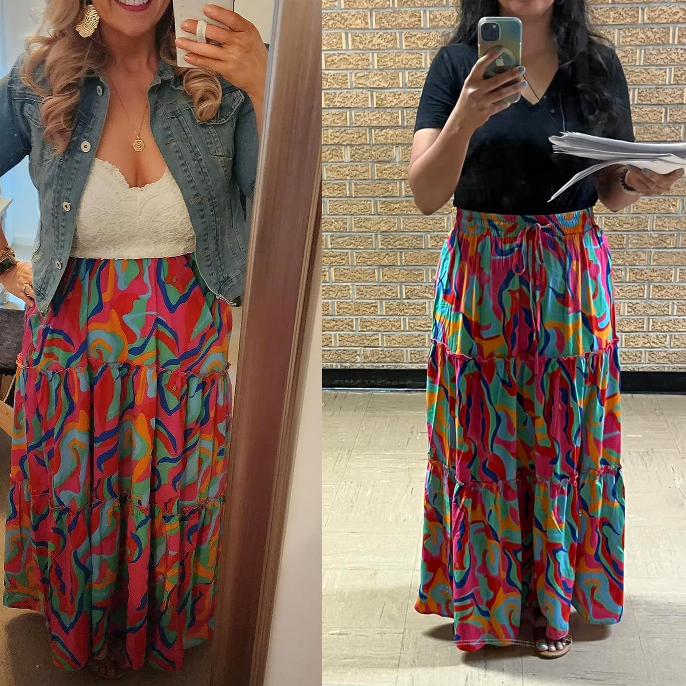 Timuspo Maxirock Damen Lang Elegant Boho Rock Casual Midirock A-Linie Einfarbig Sommerrock Röcke mit Taschen Elastische Hohe Taille Strandrock Freizeitrock