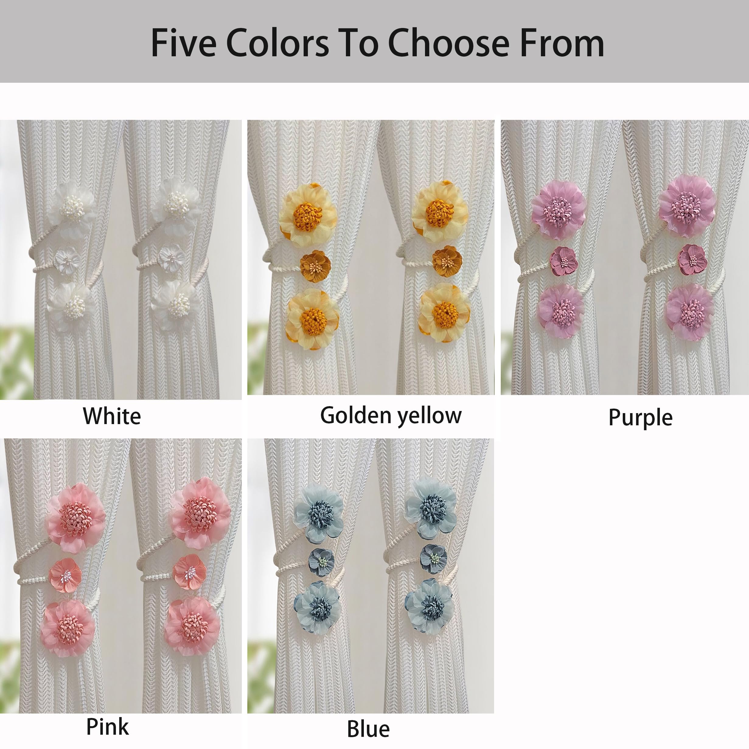Paquete de 2 alzapaños de cortina de flores blancas hechos a mano con flores artificiales elegantes y flexibles para decoración de sala de estar y dormitorio