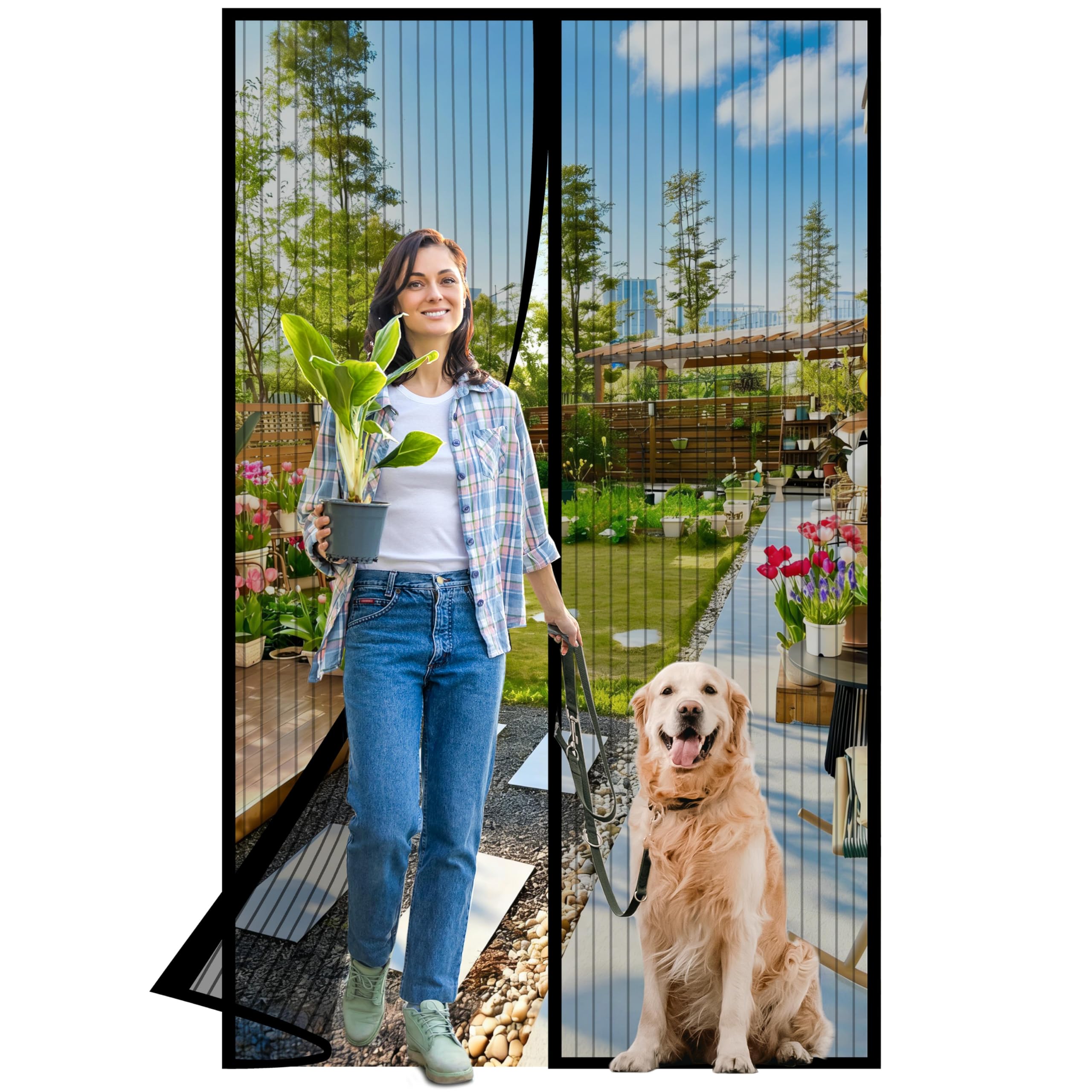 Magnetic Screen Door -Fit Door Size 36.0 x 80.0'' Retractable Screen Door Mesh for Front Door or Sliding Door, Pet & Kid Friendly, Hands-Free Closure Keeps Bugs Out & Lets Breeze in, Stripe Black