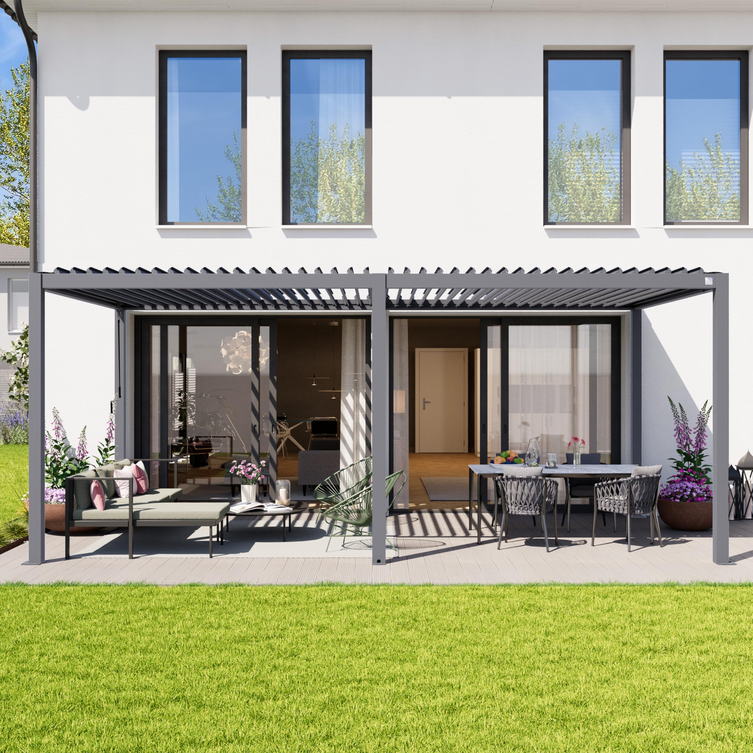 PRIMEYARD Pergola 3x6 m montanti in alluminio con tetto a doghe in acciaio gazebo da giardino grigio