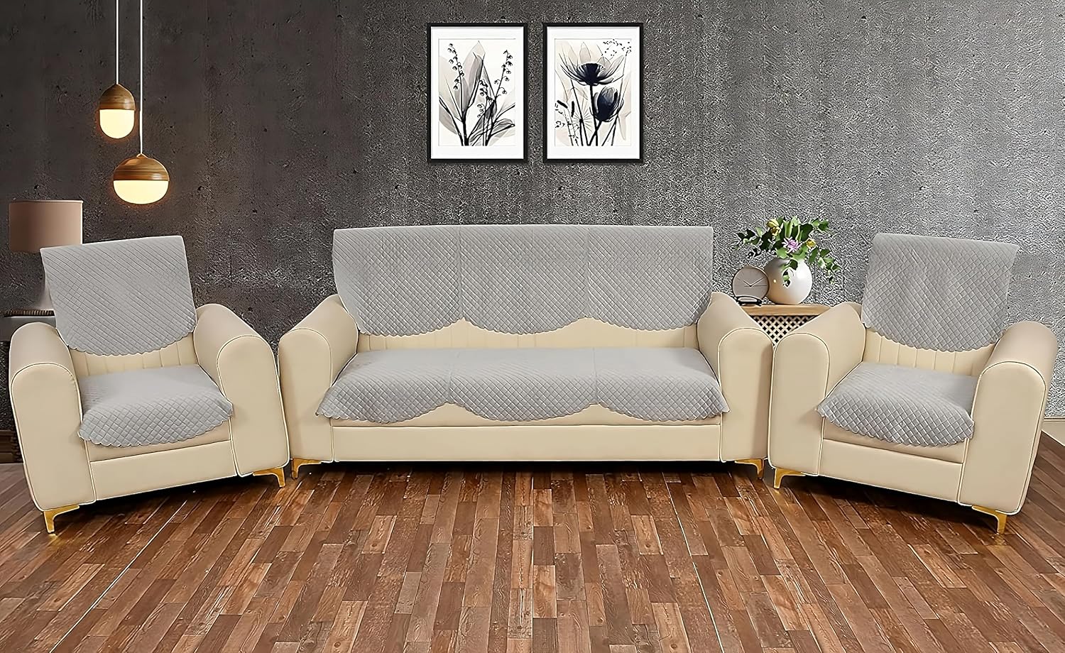 Velvet Self Design Quilted Sofa Chair Cover 5 Seater Light Grey Velvet Self Design Quilted Sofa Chair Cover 5 Seater Light Grey