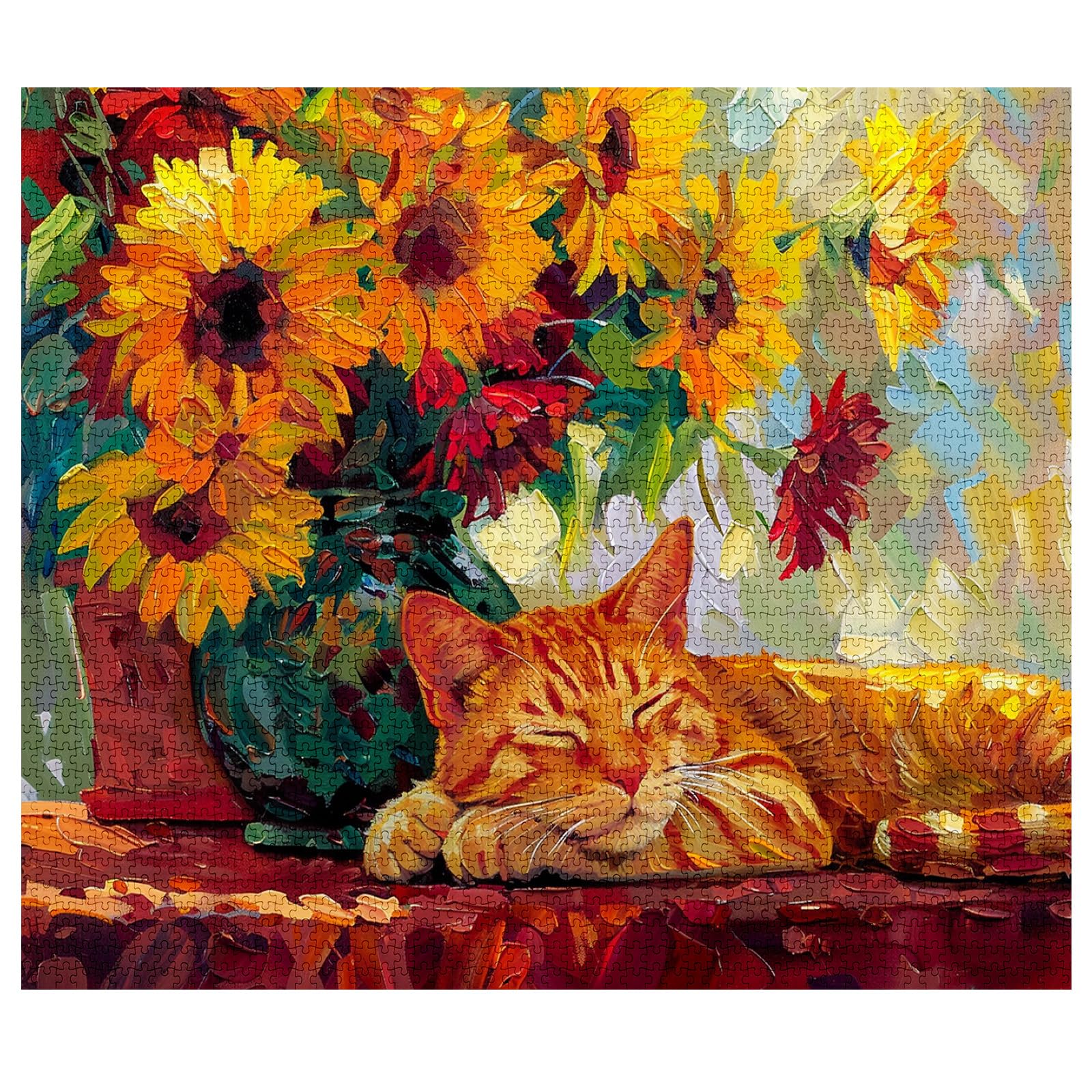Tucocoo Puzzle con gatto addormentato, 1000 pezzi, puzzle per adulti, simpatico gattino retrò, girasoli, puzzle artistici per impegnativi giochi di attività familiari colorati fai da te per regali