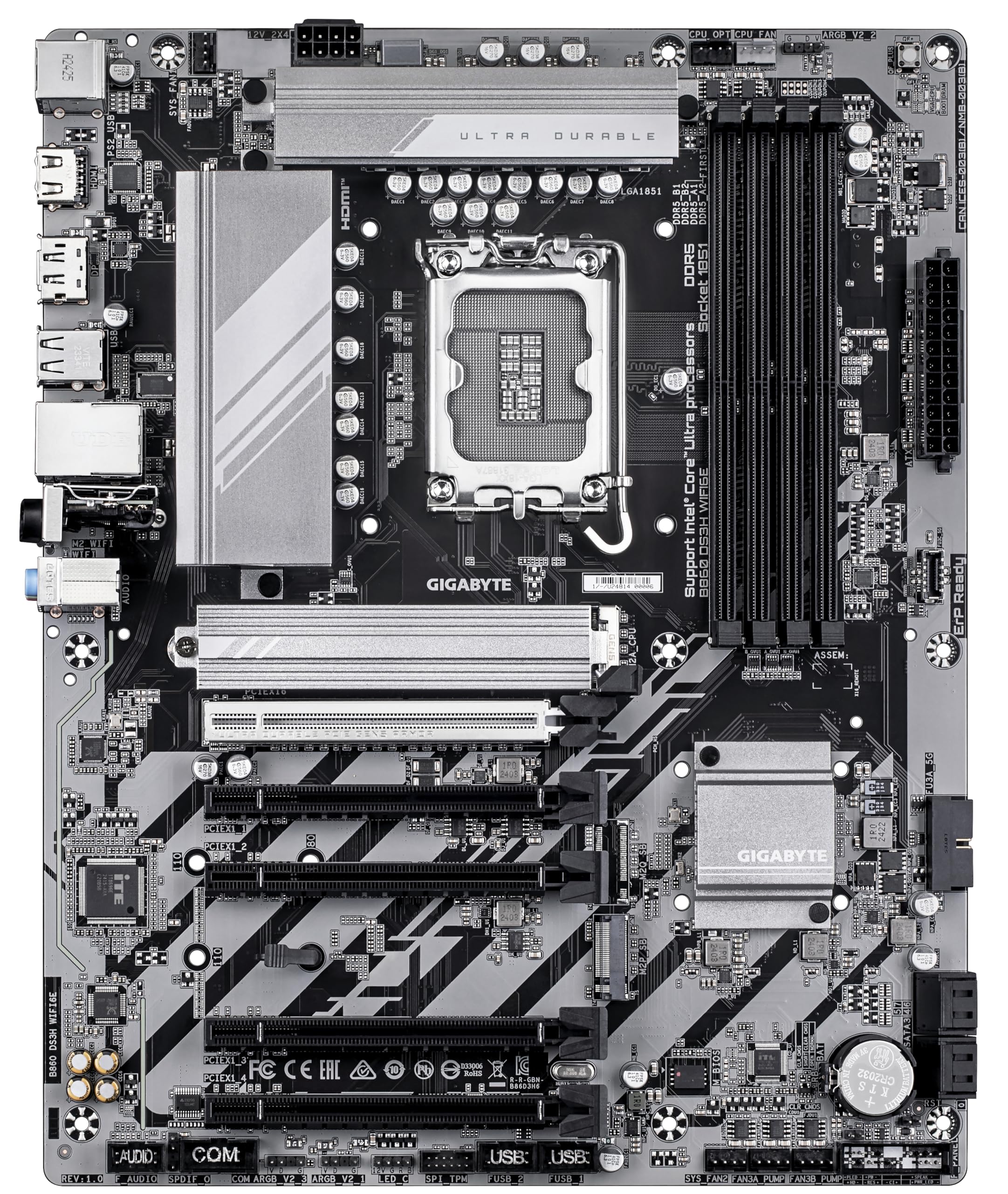 GIGABYTE Płyta główna B860 DS3H WIFI6E - Procesory z serii Intel Core Ultra, 8+1+2+2 fazy VRM, do 9066 MHz DDR5, 1 x PCIe 5.0 + 1 x PCIe 4.0 M.2, 2.5 GbE LAN, WIFI 6E, USB 3.2 Gen 2x2