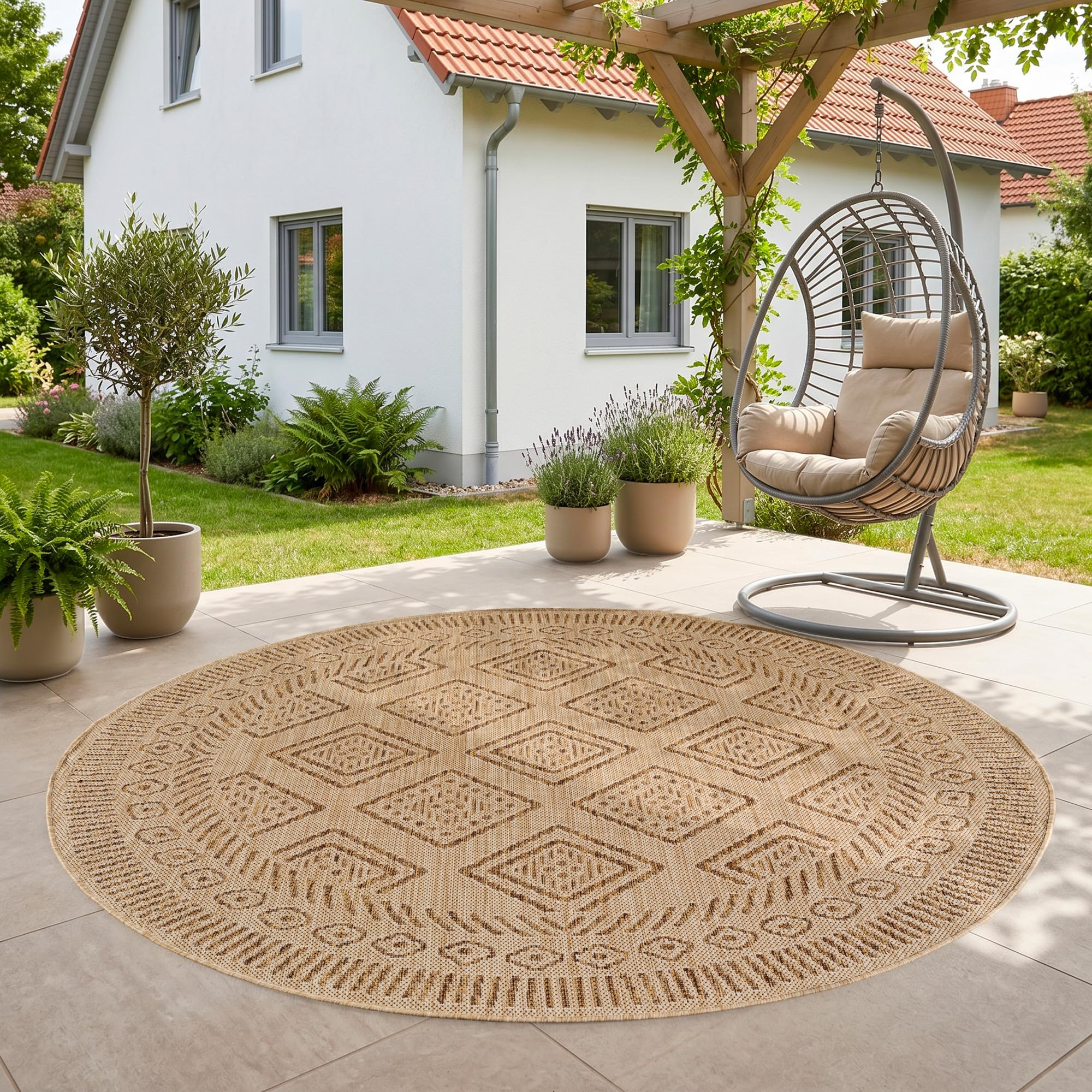SIMPEX Tapis Extérieur Beige Effet Jute Rond 200 cm Balcon Terrasse Jardin Résistant UV Grand XL Motif Losanges Tissage Plat