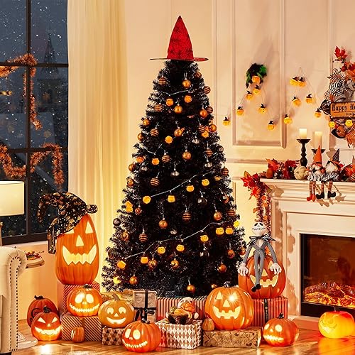 Yaheetech 6ft Black Artificial Christmas Pine Tree Seasonal Holiday Carnival Home Party Decoration for Home, Office, Party Decoration Indoor Outdoor with 818 Branch Tips and Foldable Stand