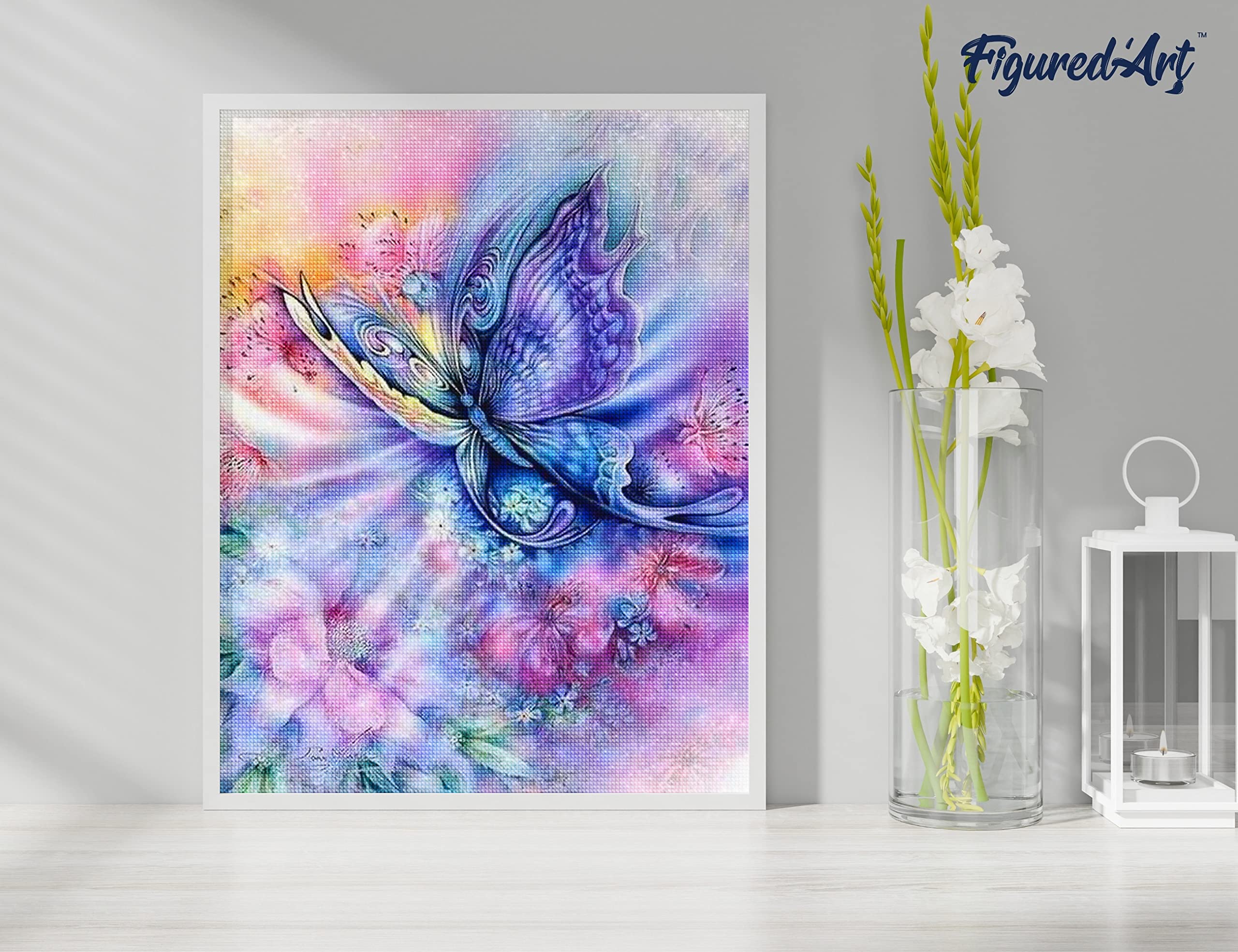 Figured'Art Diamond Painting Art 5D kit completo 40x50cm Tela Arrotolata Interamente da Ricoprire di Diamonds Quadrati - La Farfalla Colorata - Pittura Diamante - Attività Creativa per Adulti