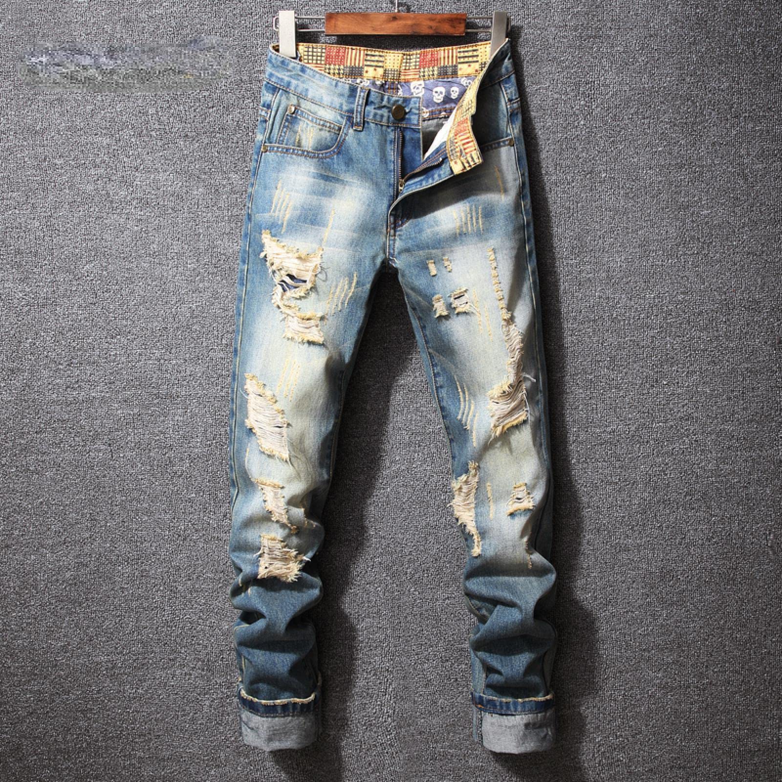 Jeans Herren Jeanshosen Hose Freizeithose Herren Ripped Vintage Blau Slim Fit Straight Jeans Hose Hip Hop Streetwear Fashion Destroyed Holes Herren Jeanshose Plus Size