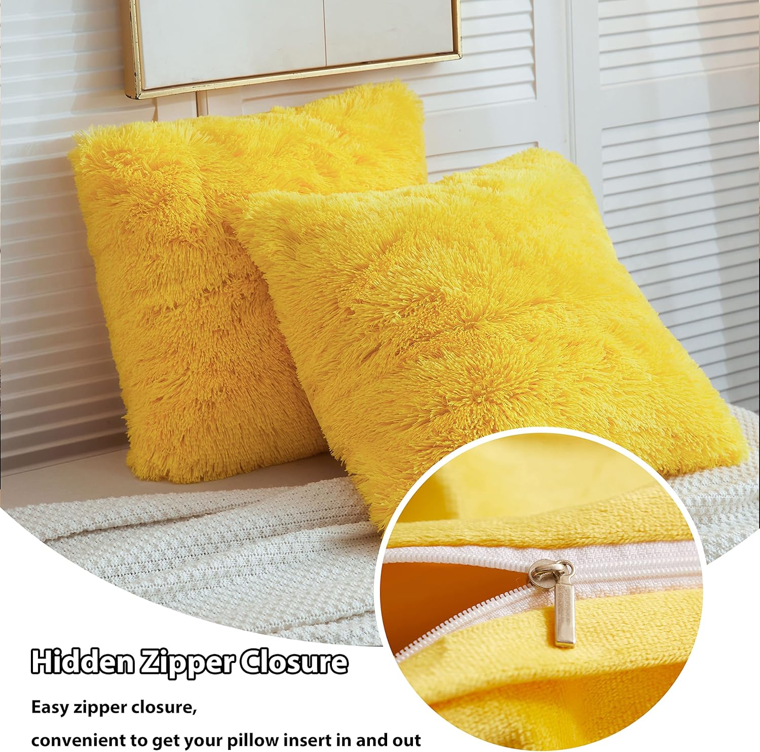 LIFEREVO 2 Pack Fluffy Faux Fur Pillow Shams,18 x 18 Inches Throw Pillow Covers,Luxury Decorative Furry Pillowcases Cushion Cover for Christmas,Zipper Closure,No Pillow Insert,Yellow - Image 5