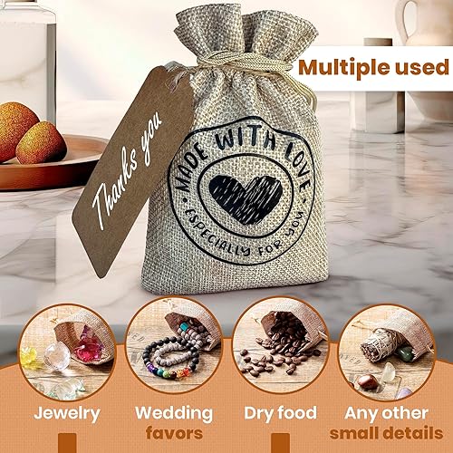 Miniatura 5 de 50PCS 10x15cm 4x6 inch Burlap Gift Bag with 50 Tags and 50 Strings, Drawstring Line, with Phrase Made with Love, Handmade Jewelry Party, Wedding