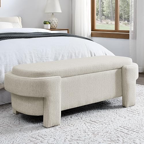 Banco otomano tapizado de tela de lino con gran espacio de almacenamiento, banco de almacenamiento para sala de estar, entrada, color beige