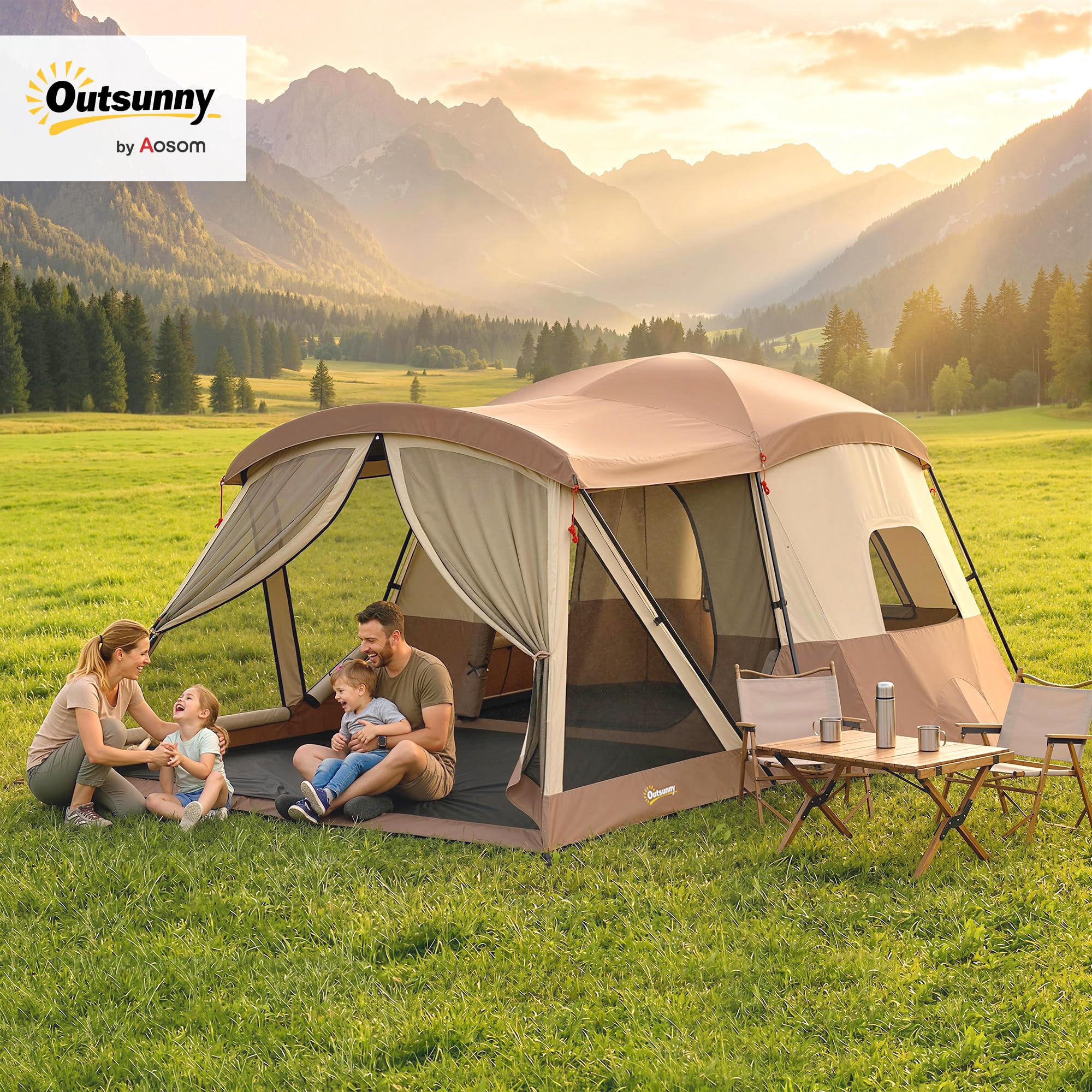 Outsunny Familien-Campingzelt für 4 Personen, mit 2 Räumen, wasserdichtes Tunnelzelt mit eingenähter Bodenplane, Türen, Fenstern, Oberlichtern und Tragetasche, Braun & Khaki