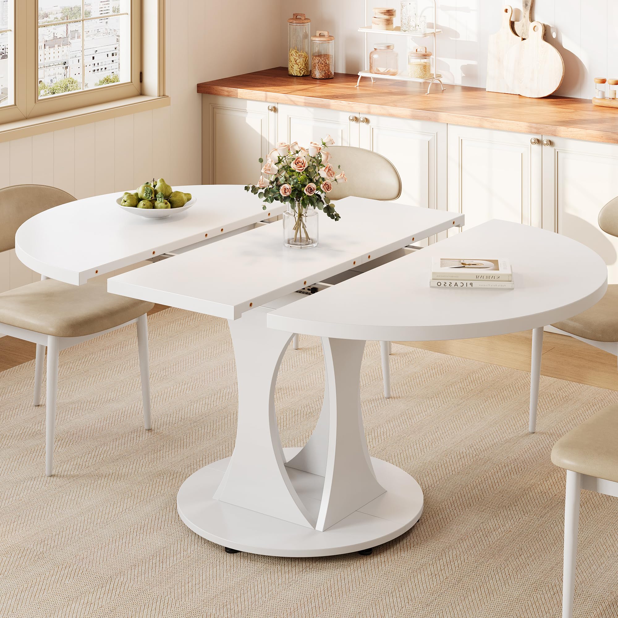 59 Extendable Round Dining Table for 6-8 Kitchen Table with Sturdy Double Arc Base Backboard Clasp Desktop Mid-Century