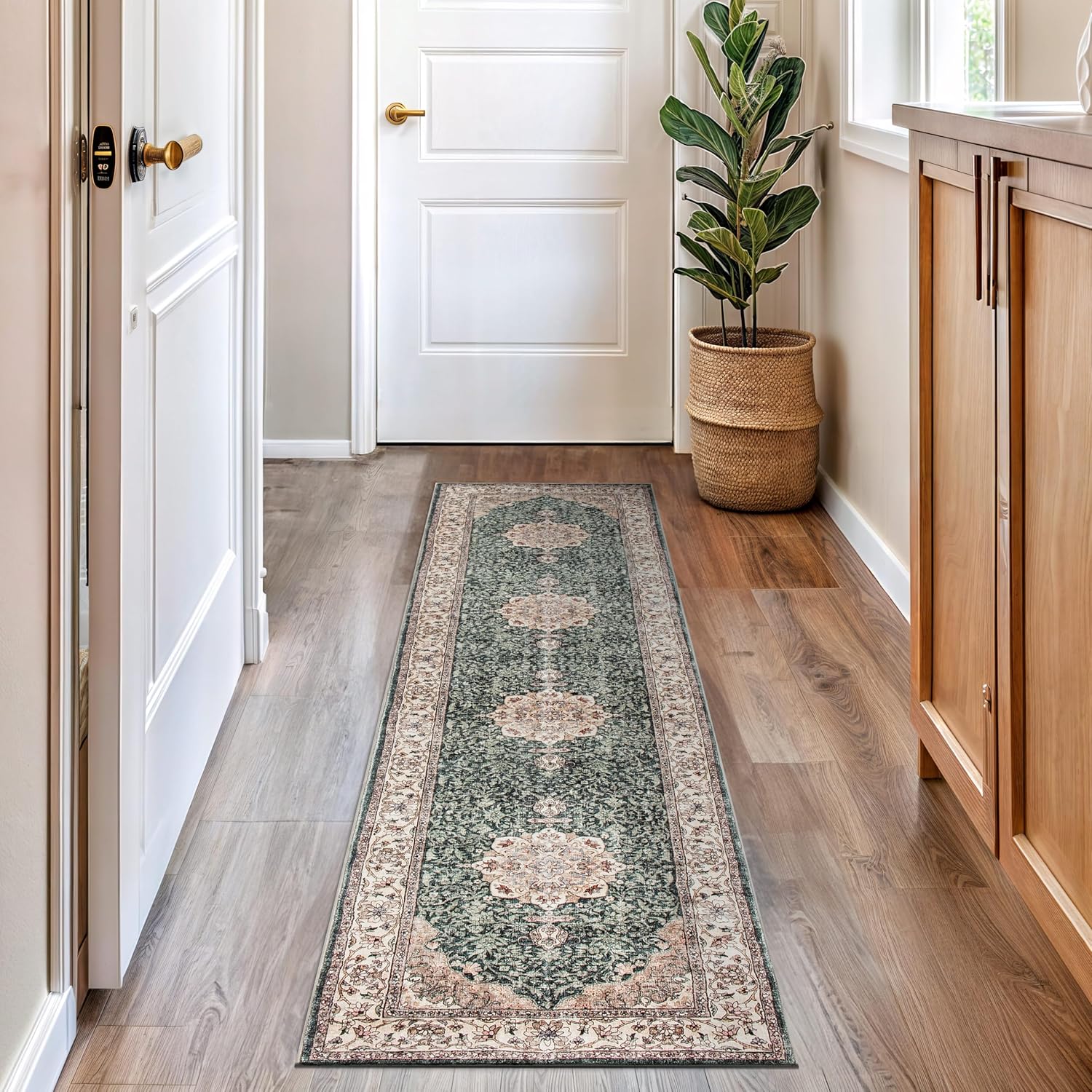 Rugshop Traditional Oriental Medallion Washable Non Slip Runner Rug 2' x 8' Green