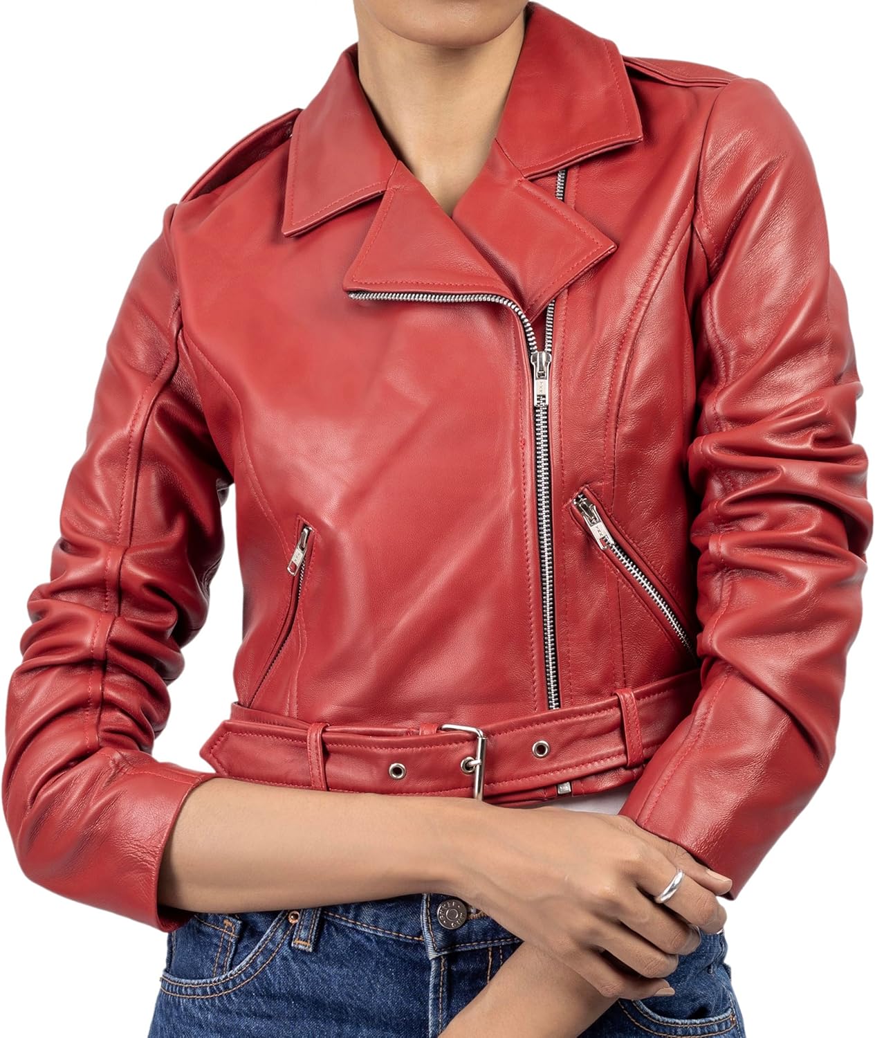 Jild Cropped Leather Jacket Women Lapel Asymmetric Zip Up Moto Biker Short Coat with Belt