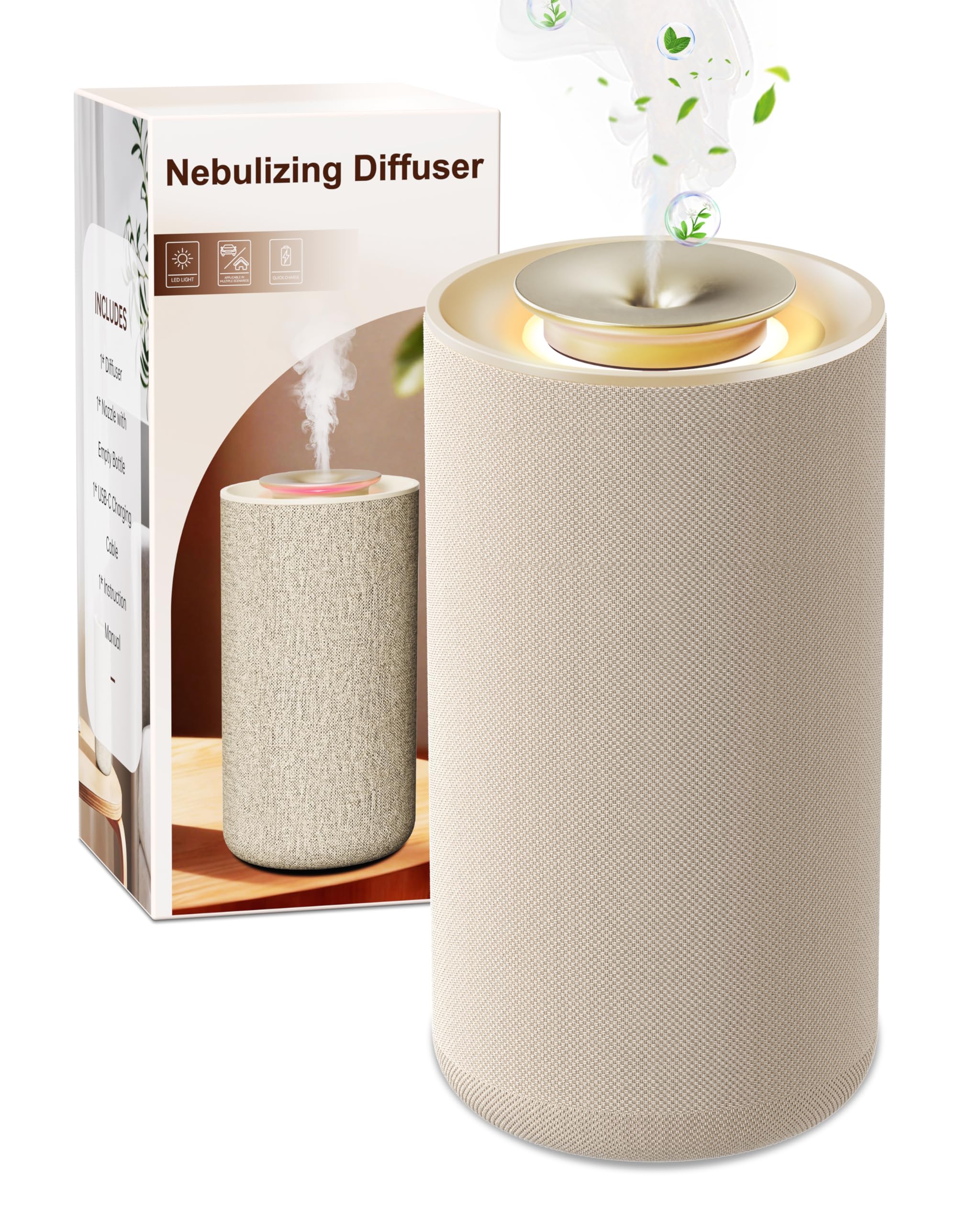 Diffusore di Oli Essenziali Senza Acqua – Nebulizzatore Aromaterapia Puro a Freddo Ricaricabile per Casa. Profumatore Ambiente Wireless con Design in Tessuto Premium e Batteria a Lunga Durata - Beige