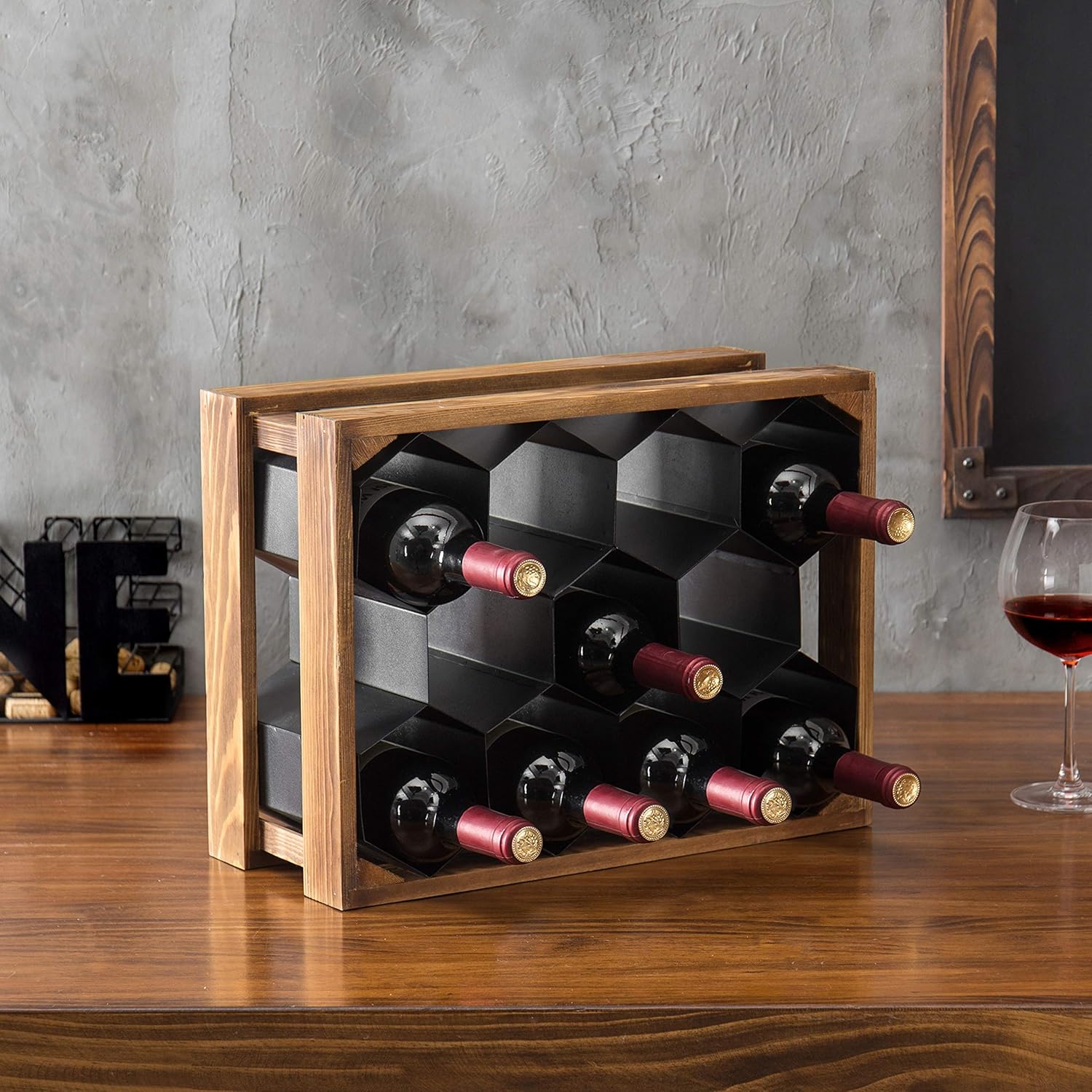 New Arrivals MyGift Countertop Wine Rack, Pine Wood & Black Metal 11-Bottle Wine Holder with Honeycomb Design