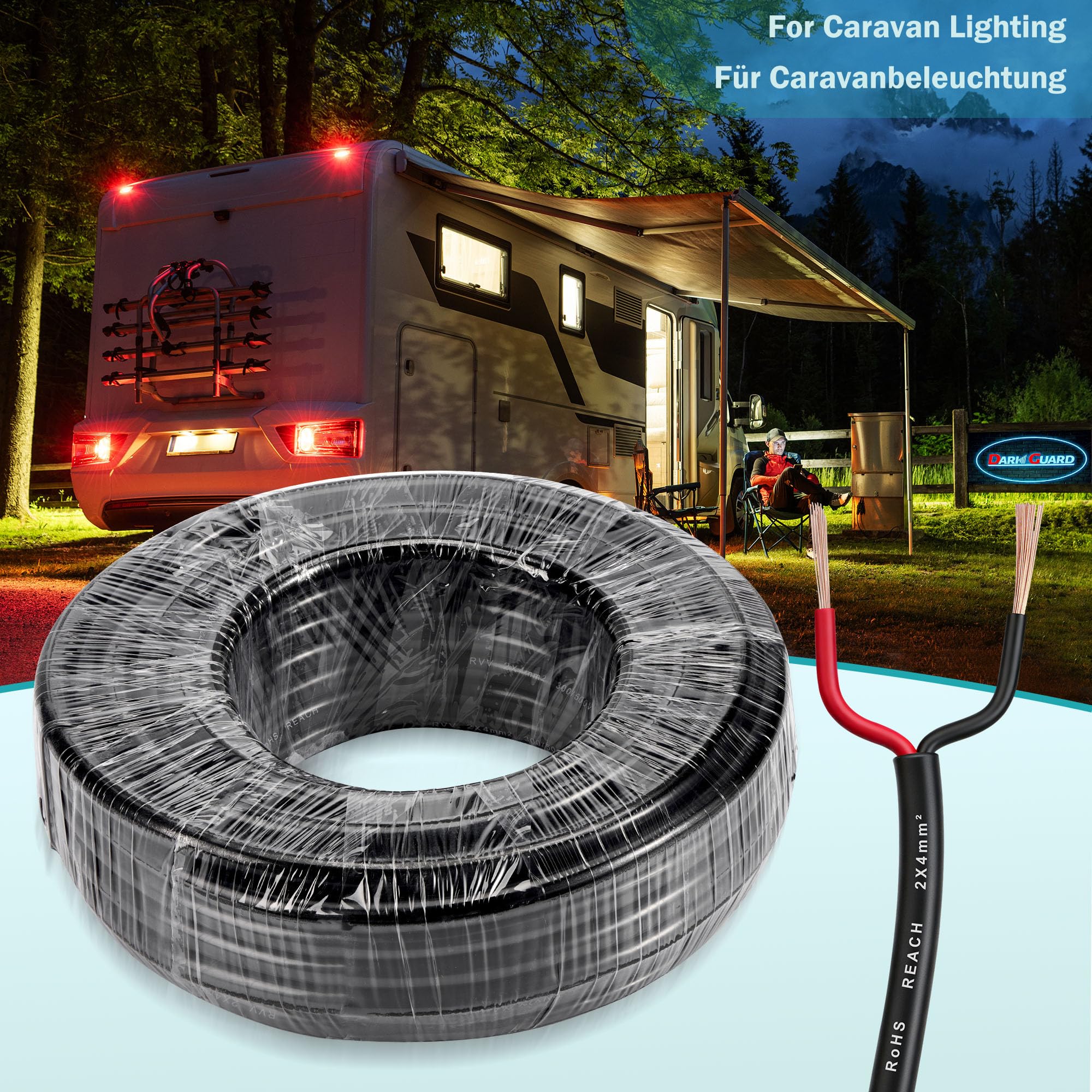2 polig Rundkabel für Anhänger 2x4,0mm² - 20M Anhänger Verlängerungskabel Kupfer KFZ Elektrokabel 12V/24V - Wasserfest Fahrzeugleitung PVC für RV, LED-Rücklichter, Anhängerbeleuchtung