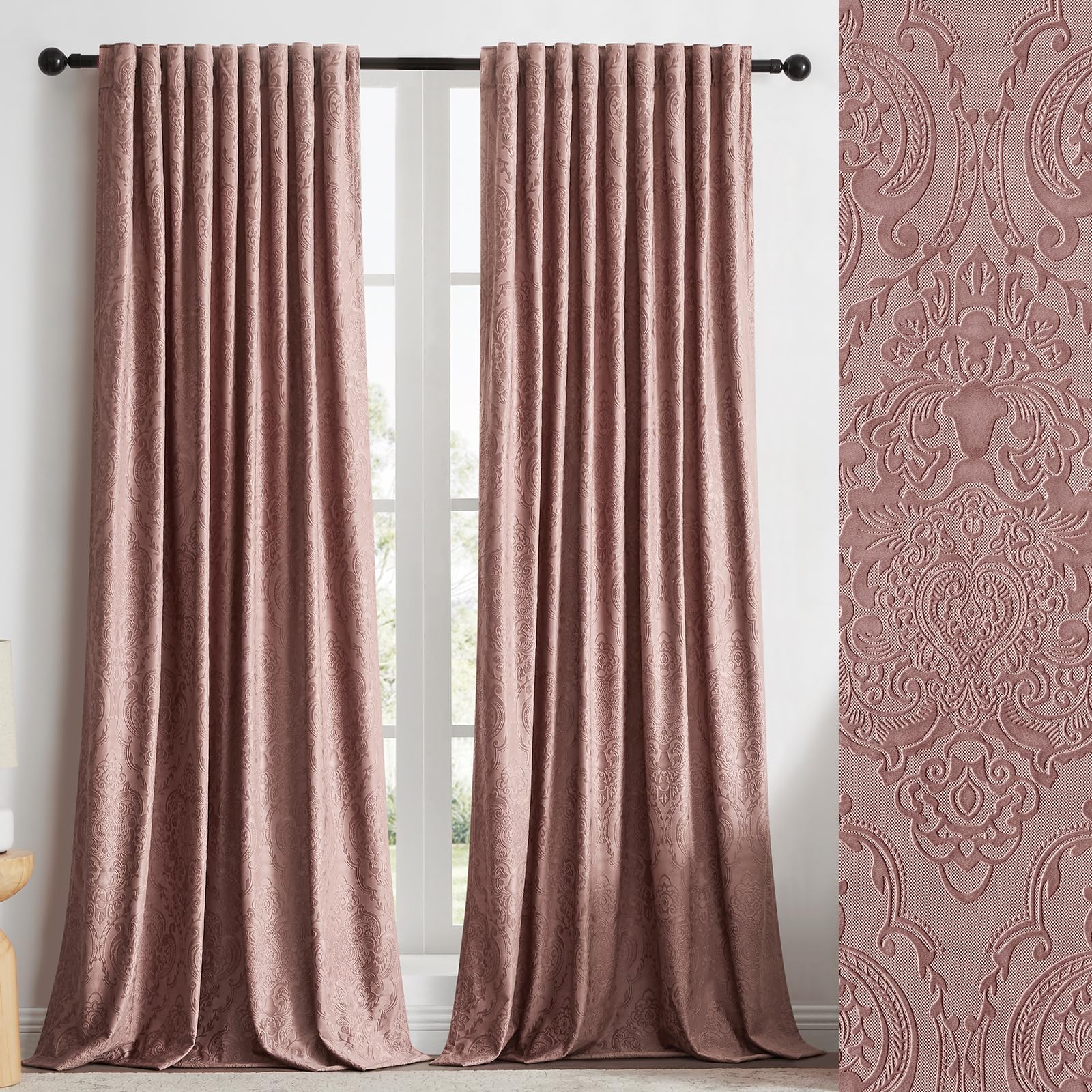 GIGIZAZA Velvet Curtains 90 Inch Long 2 Panels, Blush Pink Vintage Drapes Floral Embossed Blackout Window Curtain for Living Room Back Tab Thermal for