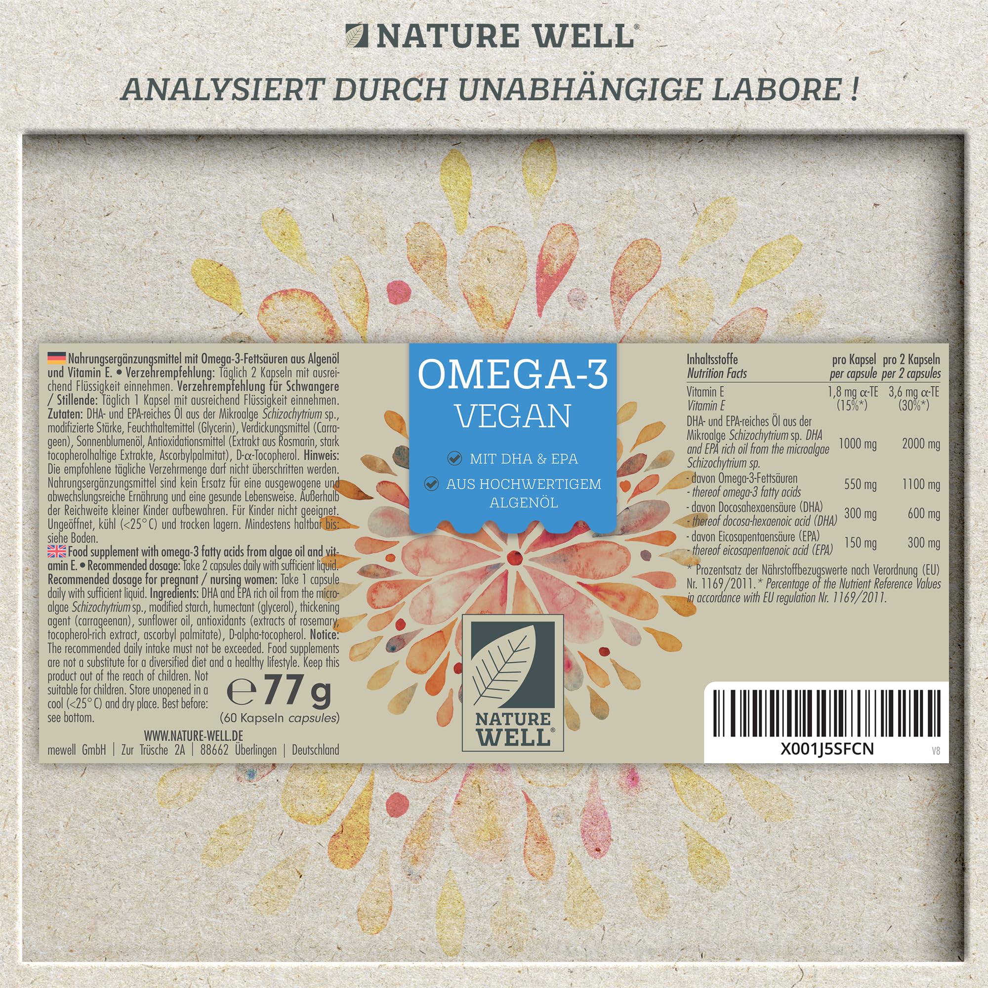 Omega-3 Vegan 60 Kapseln hochdosiert, 2000mg Omega-3 Algenöl pro Tag mit 600mg DHA & 300mg EPA, veganes Omega aus nachhaltigem Anbau als Fischöl-Alternative, laborgeprüft mit Zertifikat, NatureWell