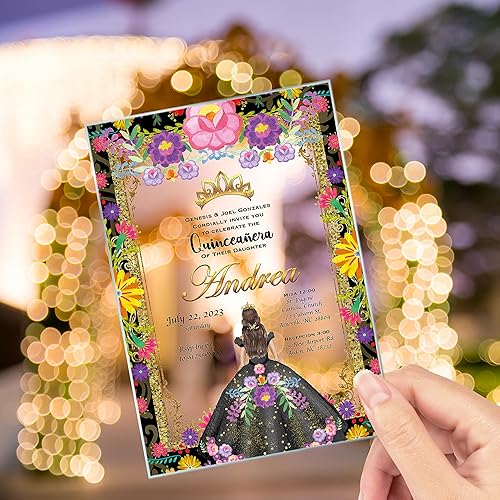 Miniatura 2 de Invitación de quinceañera Vestido negro Invitación de cristal, Mis Membrillo, Dulce 15, Dulce 16, Diseño floral, XV Aros, 15 años