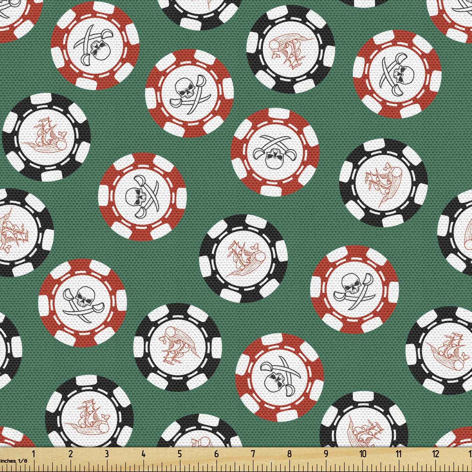 Ambesonne Casino Fabric by The Yard, Poker Chips Pirates Money Diagonal Bones Skull Risk Art, Decorative Fabric for Upholstery and Home Accents, 2 Yards, Jade Green