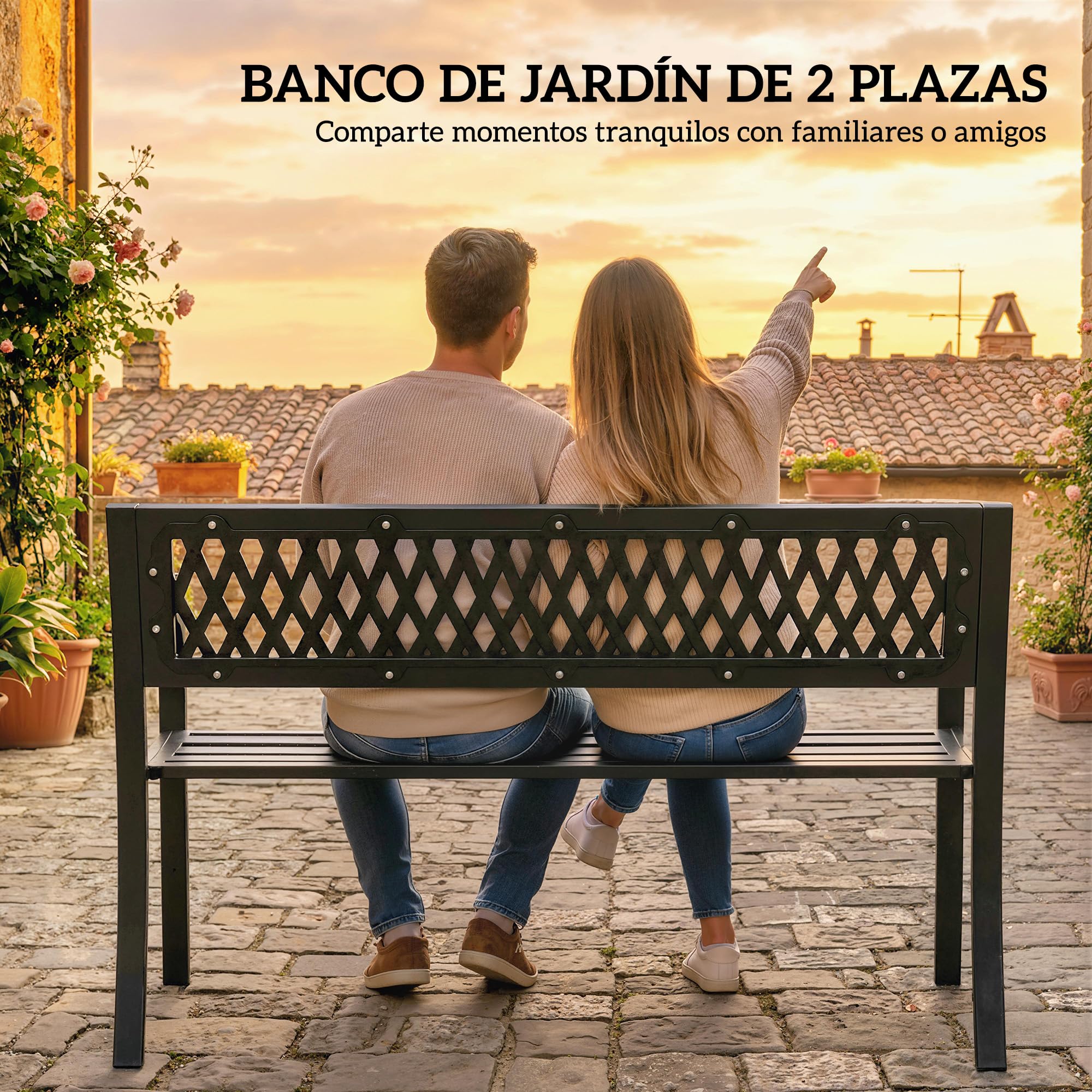 Outsunny Banco de Jardín Exterior de 2 Plazas, Banco Exterior con Asiento Listonado, Reposabrazos y Marco de Acero, para Patio, Terraza, 119x50x75 cm, Negro