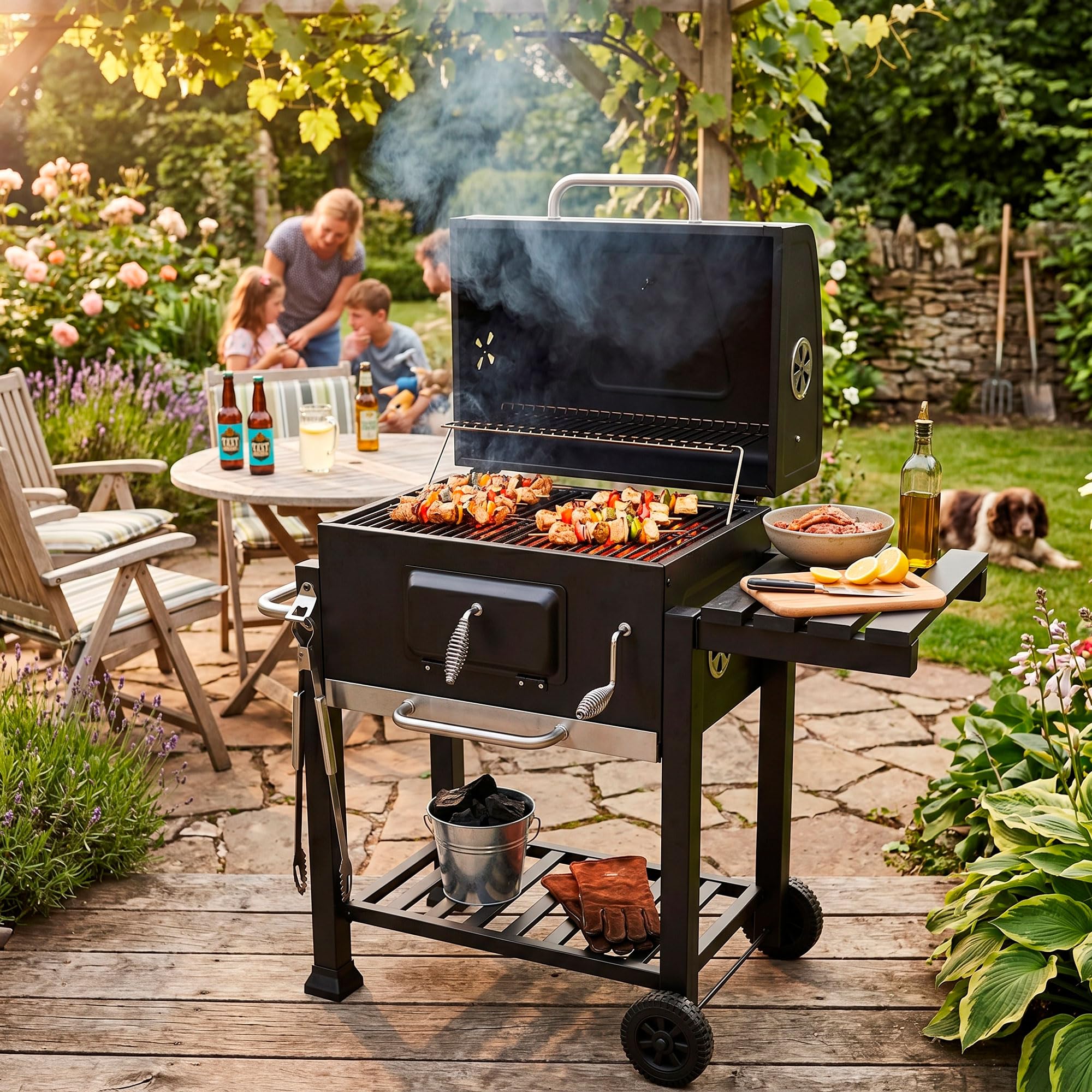 Grill na węgiel drzewny, grill na kółkach, z pokrywką, termometr, ruszt na węgiel drzewny, z półkami, otwieraczem do butelek, kółkami, na kemping SPRINGOS