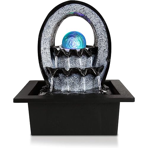 Electric Tabletop Water Fountain Decoration - 2-Tier Indoor Outdoor Portable Desktop Decorative Waterfall Kit w/LED Illuminated Crystal Ball Accent, Include Submersible Pump, 12V Adapter - SereneLife