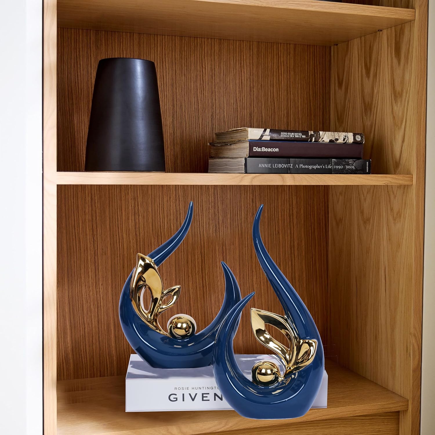 2 PCS Navy Blue Gold Home Decor Accent Ceramic Statue Abstract Sculpture Centerpieces Mid Century Modern Decor for Tables Coffee Table top Decorations for Living Room Desktop Shelf Dining Room Kitchen