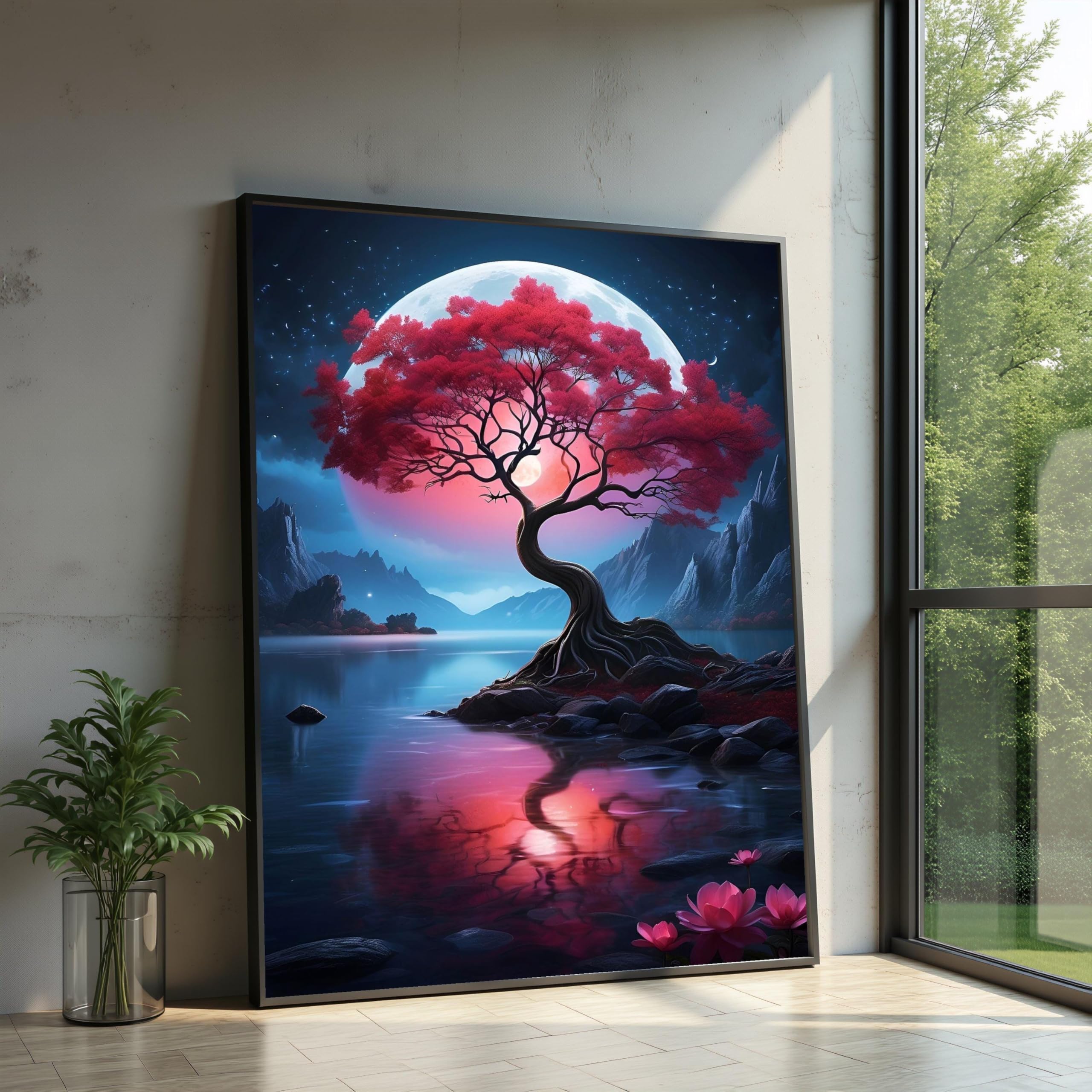 XINBAO Moonlit Tree Painting, Red Blossom Landscape Wall Art, Night Nature Canvas,Fantasy Lake Reflection Decor Picture Canvas(70x100cm/Frameless)