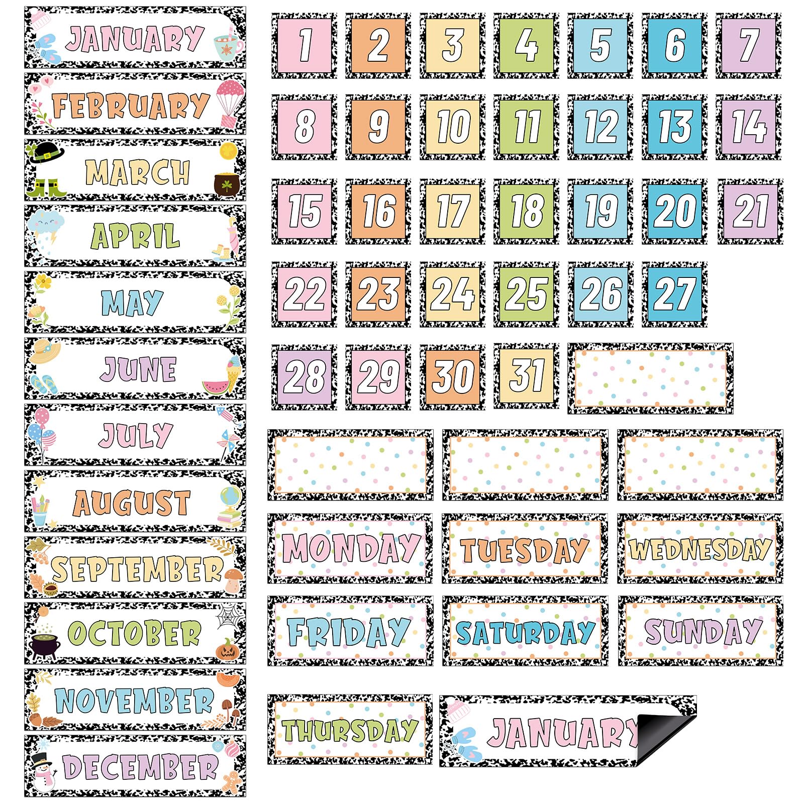 Ireer 54 Pcs Composition Calendar Magnets Composition Pastel Magnetic Calendar for Classroom Decor Days of the Week and Months Dates Indicators for Teacher School Home Office Supplies