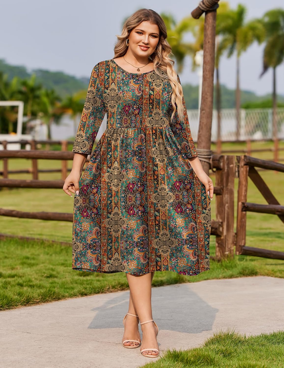 IN'VOLAND Women Plus Size 3/4 Sleeve Dresses Summer Casual Loose Flowy A-line Midi Dress with Pockets Vacation Boho Sundress - Image 2