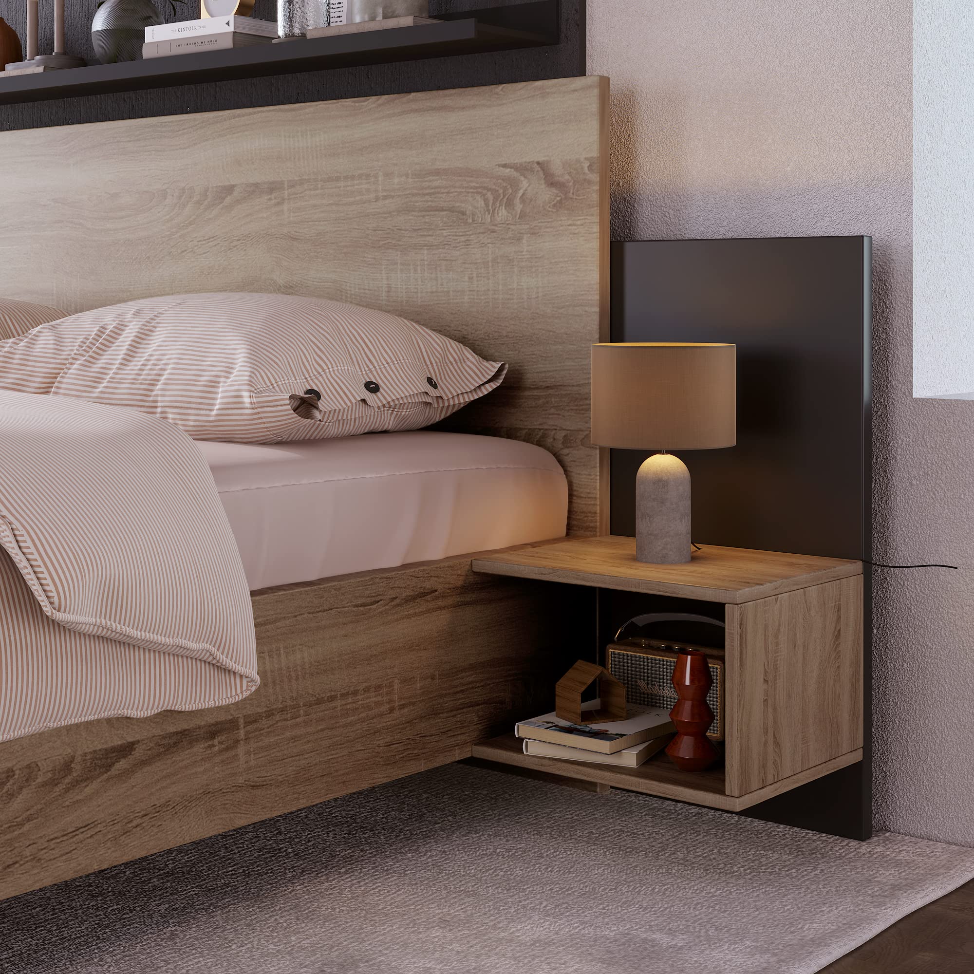 Lit double en bois 160 x 200 cm avec 2 tables de nuit, lit moderne avec 2 tables de chevet, kit complet pour chambre à coucher, chêne Sonoma/gris foncé, 205,5 x 235 x 76,5 cm (l x p x h)