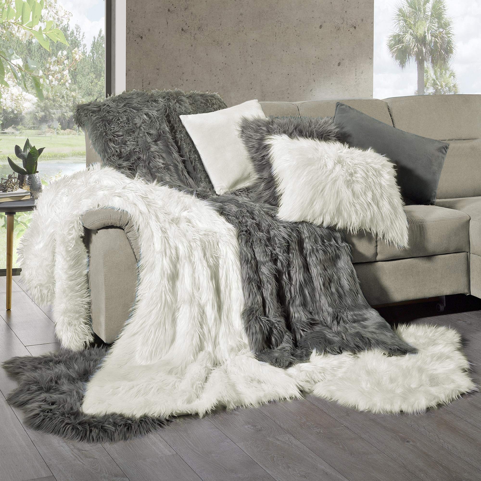 CelinaTex Cuddly Dekokissen 80 x 80 cm grau Langhaar Zierkissen dekoratives Fellimitat Sofakissen Kunstfell Kissen