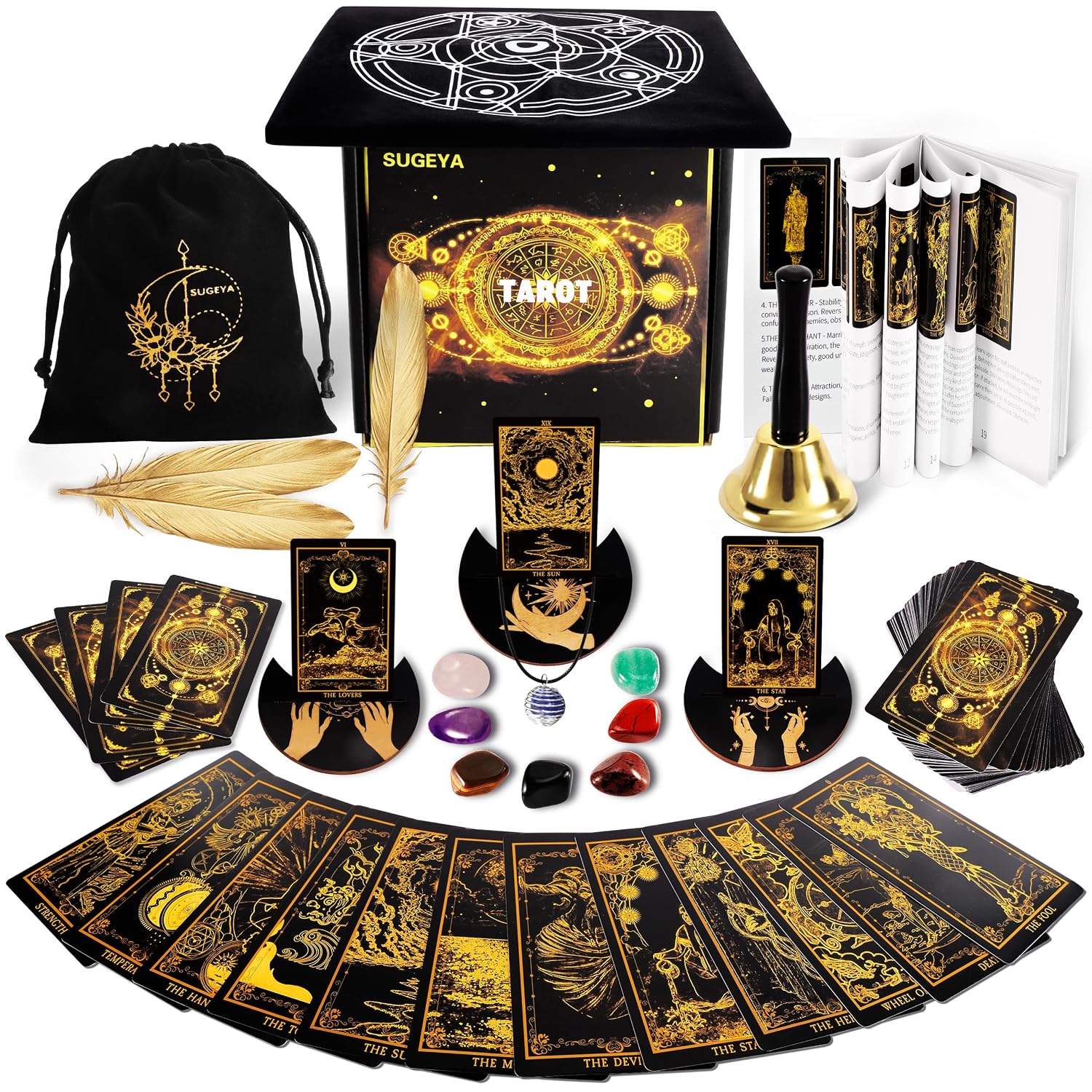 SUGEYA 78 Tarot Cards with Guide Book, Black Tarot Deck Gift Set with Tarot Cloth, Chakra Stones and More, Tarot Cards Deck Fortune Telling Game Craft Cardboard for Beginners...
