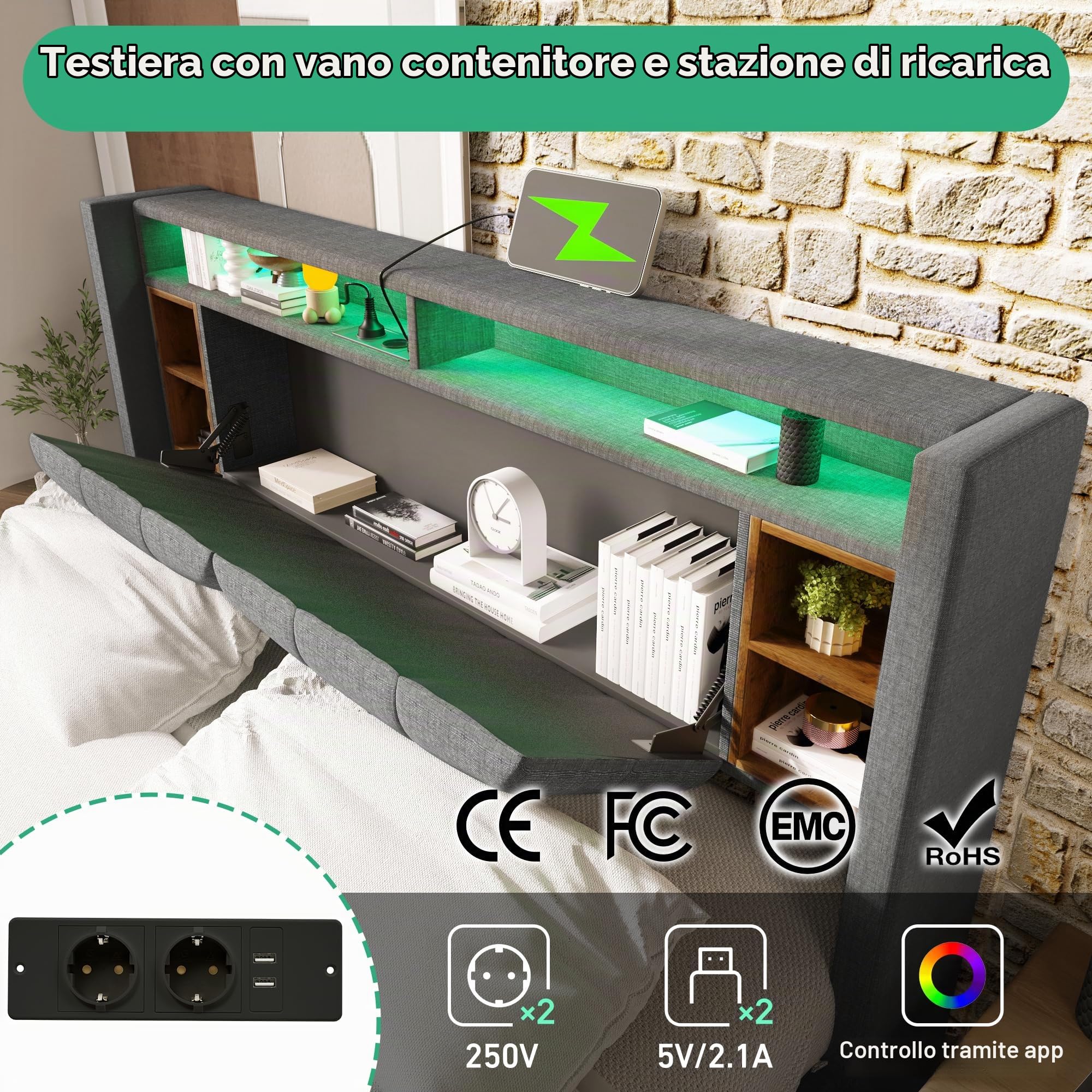 Rtopsu Letto Imbottito Letto Matrimoniale 160x200 cm con Illuminazione a LED e USB, Letti con Testiera Contenitore e Ripiani, Struttura Letti con Rete a Doghe in Legno, Lino, Grigio A, Senza Materasso