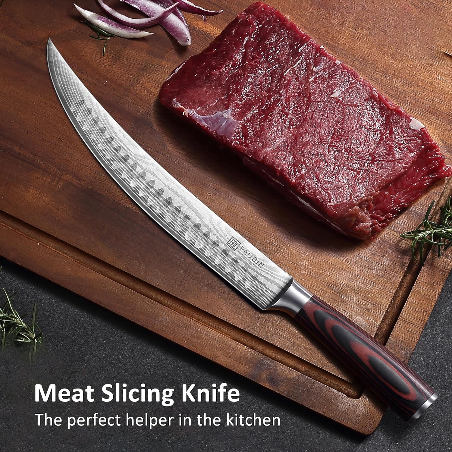PAUDIN Carving Knife, 10 Inch Butcher Knife, Forged High Carbon German Stainless Steel, Razor Sharp Curved Brisket Slicing Kinfe for Poultry Beef Pork Meat Cutting, Ergonomic wood Handle Design