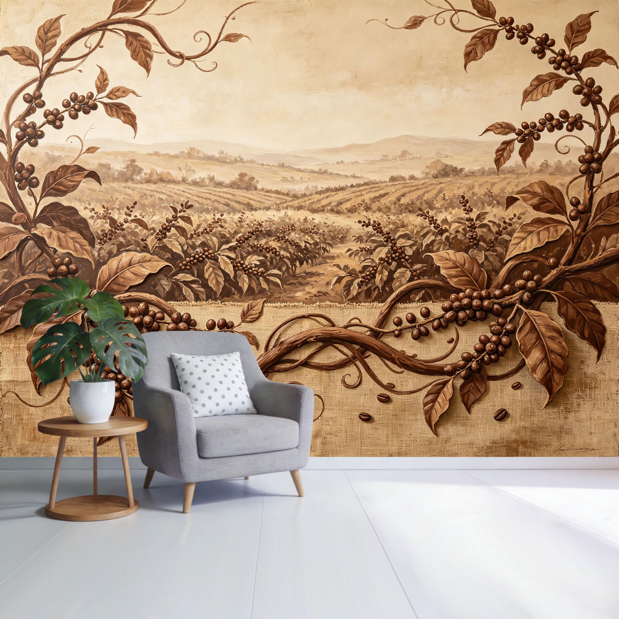 Custom Size Wall Mural Vintage Coffee Plantation Landscape Sepia Botanical Farm Scene Oil Painting Style SelfAdhesive Wall Fabric Removable Wallpaper for Home Office Decor