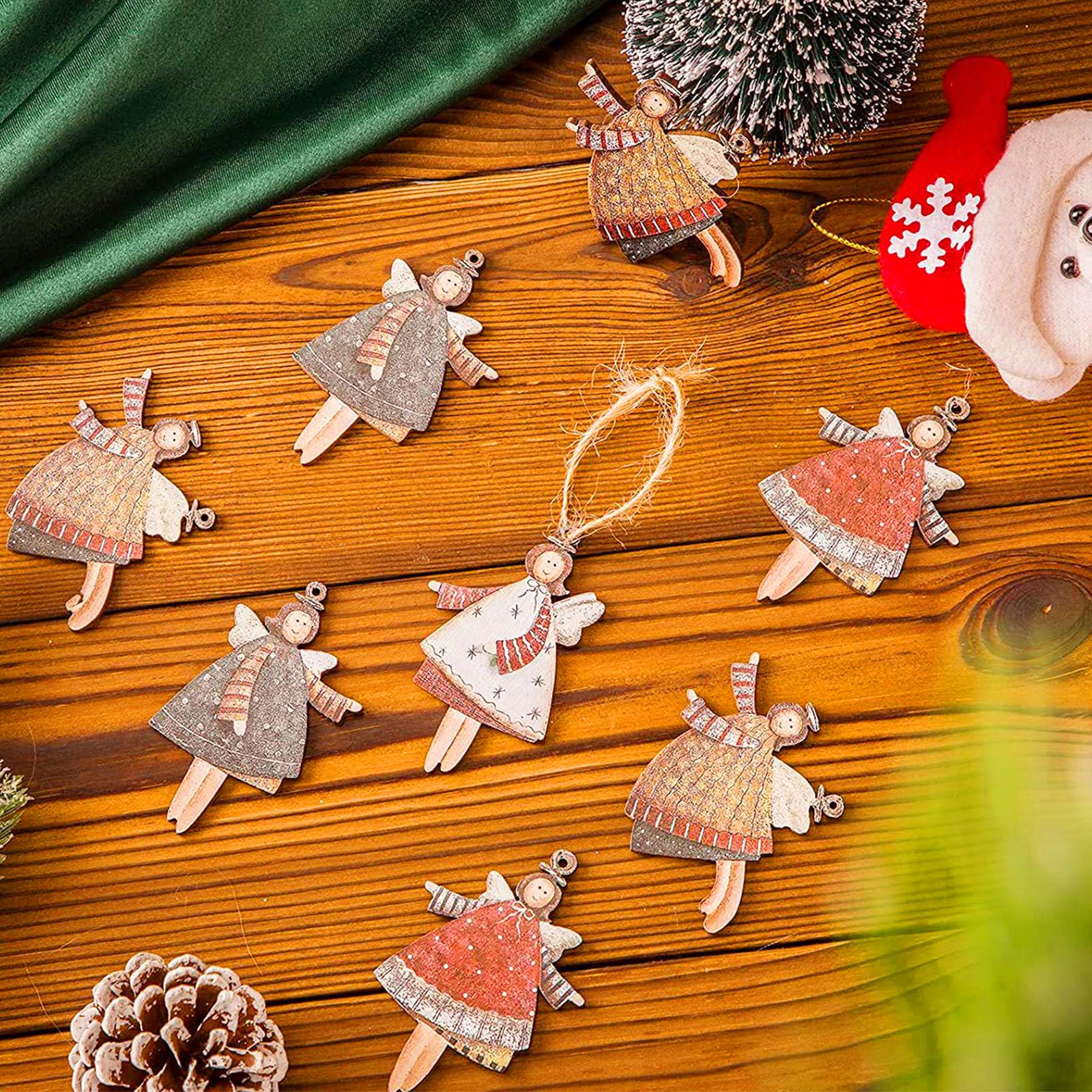 Lot De 20 Pendentifs Ange En Bois Pour Sapin De Noël - Décoration De Noël Avec Ficelle, Multicolore